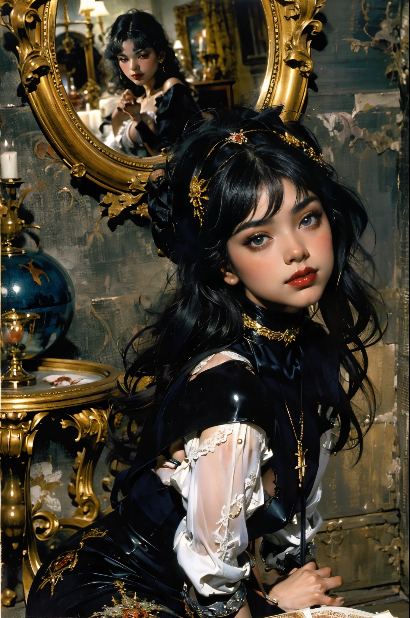Mono Color,weight,NSFW,Upper body,A nude devil woman with a black and white body stocking dress holding a red lip stick,Satan,succubi,eBlue eyes,Clothes detailed patterns,lacivious pose,spread legitimacy,Detailed Gothic background,dark fantasy background,Inspired by Robert McGinnis, Inspired by Gretel Stern, Takato Yamamoto’s style, Guido Crepax, Guido Crepax-style, Amano, Vanya Zoravlev, inspired by Leonor Fini, Nagao Hidege, Inspired by Takato Yamamoto.Inspired by Klimt and Mucha. beautidful eyes, beautiful detailed lips, Extremely detailed eyes and face, Long eyelash quality:1.2), ultra - detailed, (actual:1.37), oil painted, Color contrast, A high resolution, Black and white dress, red lip stick, Inspired by Robert McGinnis, Inspired by Gretel Stern, Yamamoto Takashi style, Guido Crepax style, Amano-inspired, Vanya Zoravlev-inspired, Leonor Fini'of inspiration, Nagao Hidege-inspired, Inspired by Takato Yamamoto, vibrant with colors, dramatic lights, eye-catching composition, fun atmosphere, Feminine elegance.fege oil corp.,painting of a,Impresionismo