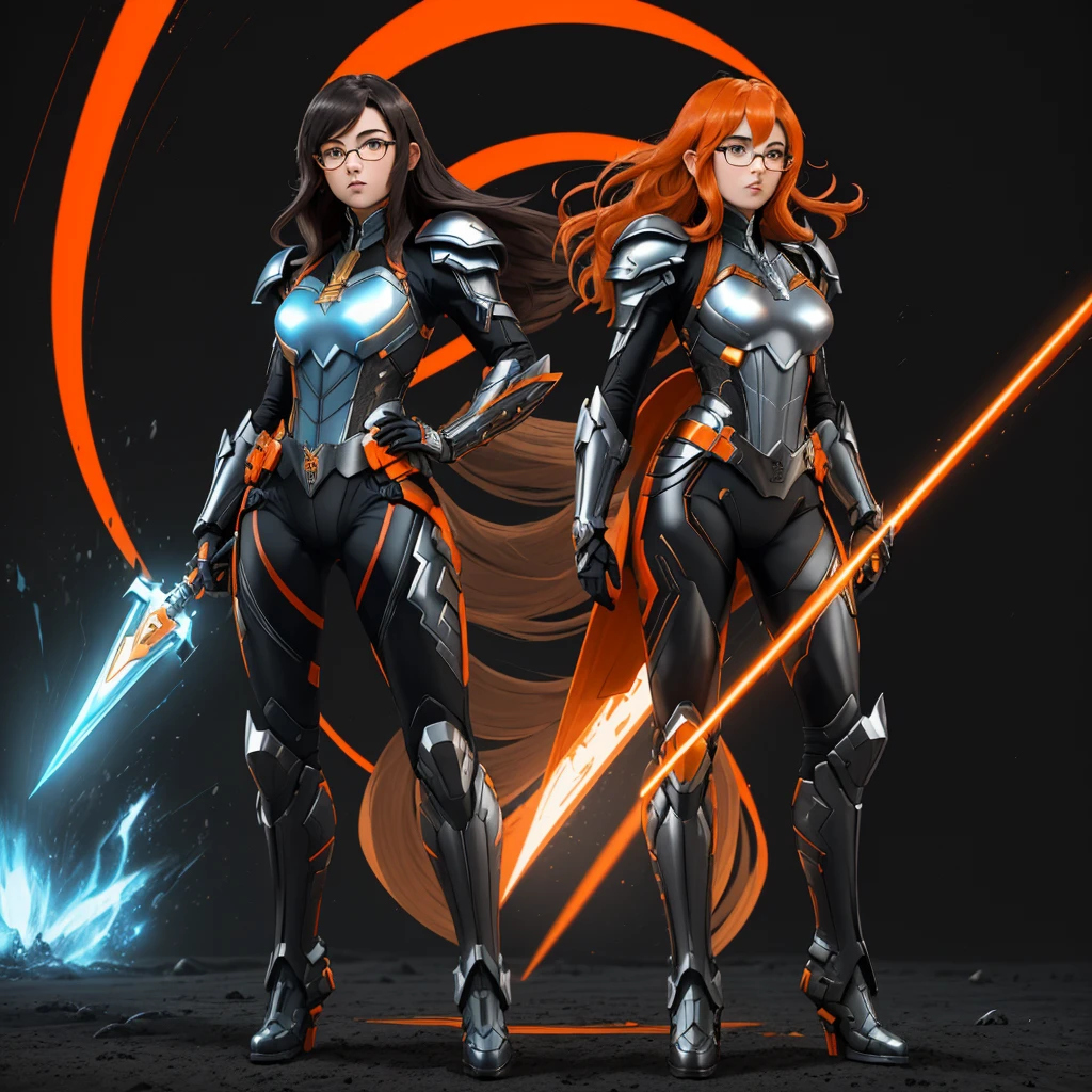 3 young women, (((muita roupa))), corpo inteiro, from head to toes, standingn, Feminino, (((Pele Escura))), Cabelo preto com Rabo de cavalo, Olhos Azuis-Claros, Round Glasses with a Lightly Dark Lens with this Lens being Orange, and the Light Blue frame, ((Black Metallic Gauntlets and Greaves with Orange and Silver Highlights)), (((As Roupas tem uma Mistura de Moderno e Tribal))), tendo em sua Maioria a Cor Preta, mas tendo Partes em Laranja, Shoulders on Display, On the Hip, a Short that extends to Half the Thigh in black. figrne, captain marvel photo, cabelo loiro curto, dinamic pose, Action Pose, em uma base, profundidade de campo, Impeccable, RAW, (((fundo liso))), alto detalhe, detalhe insano