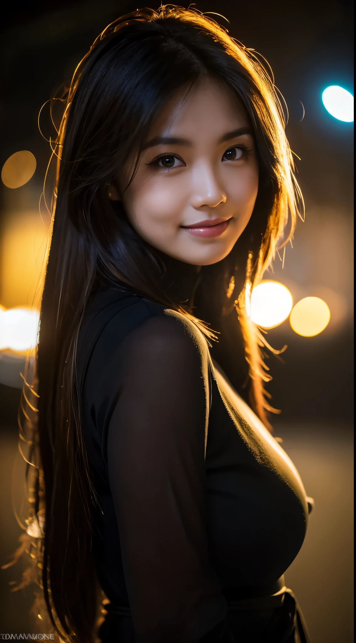 highest quality, epic realistic, ((in the pitch black darkness :1.4)), ((portrait:1.5)),(background: dark ) high contrast ,glorious picture, lowest lux, lighting face, she's comfortable, wearing nothing,  , looks incredible, (8k, Raw photo, Highest quality),(epic realistic:1.5), a woman, face,(detailed eyes:0.8),(looking at the camera:1.4), (Highest quality), ( high contrast, deep shadows),Intricate details,cinematic,((skin:1.4)), (long dark hair:1.3), long hair, messy ,(Hdr:1.5),Detailed, colors, Superior quality, Masterpiece, Raw Photo (20-year-old, looking at viewer), beautiful, (wearing plain yellow shirt,), perfect, natural, perfect composition, portrait, perfect face, smiling expression, Captivating eyes, Bright details, Tight lips, (High Skin Detail),, (blue tint: 0.6), (sale: 0.8), (bloody: 0.7), Key lighting , (backlight: 0.5), Medium depth of field, Canon 5d, 50mm lens, f/4 apertures, (Ultra-detailed, Complex detail), sharp focus, soft colors, 8k, Absurd, 80mm, bokeh background, photography, smiling, pinay, filipina, large boobs, neon lights background, bokeh