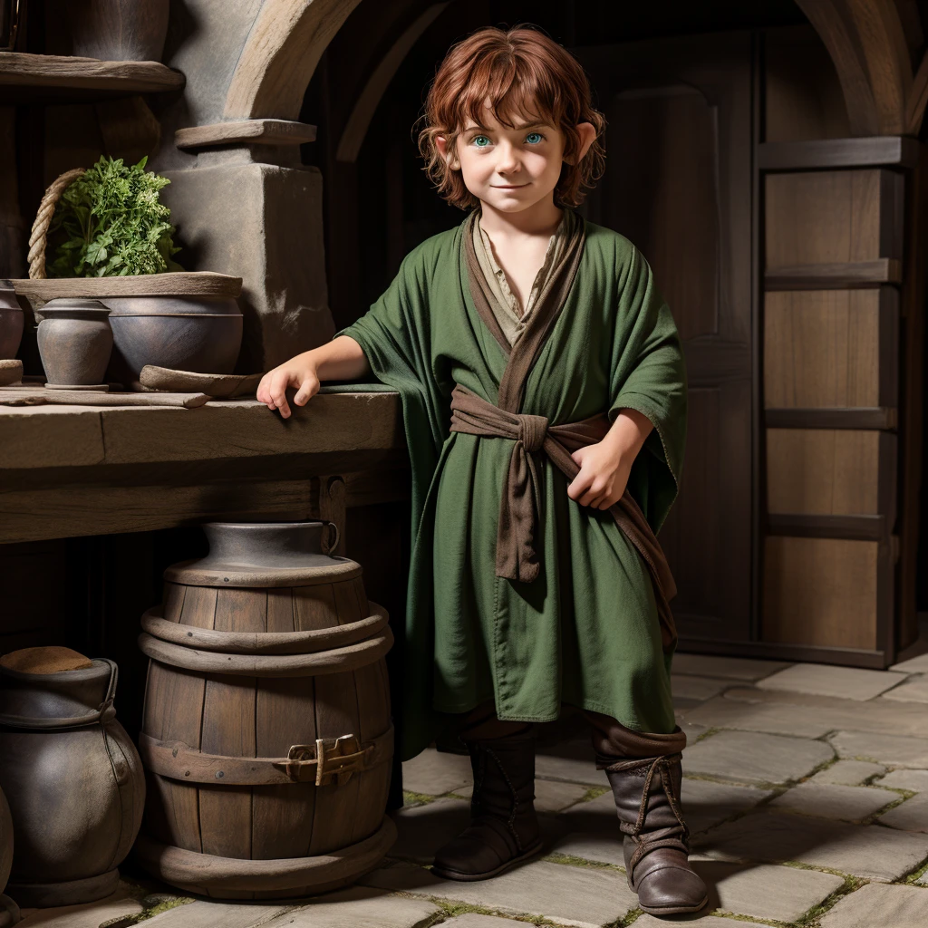 A short male  hobbit, with "short red hair", "dark medieval merchants outfit", "green eyes", wearing a merchant's robe , full body pose,