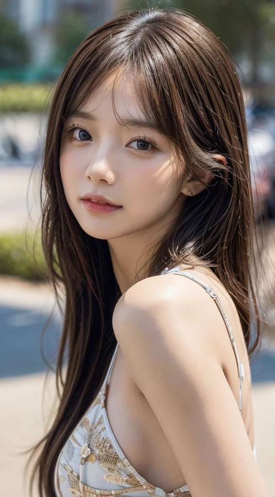 (8k,masterpiece, RAW photo,best quality:1.4),(photo realistic:1.2),(extremely detailed face),(shiny skin),(detailed skin),(detailed face),(extremely beautiful face),1girl,looking at viewer,Japanese idle(actress), brown hair,medium hair,straight hair,asymmetrical bangs,smile,glamor,large breasts,micro bikini,private beach,high position,natural lighting