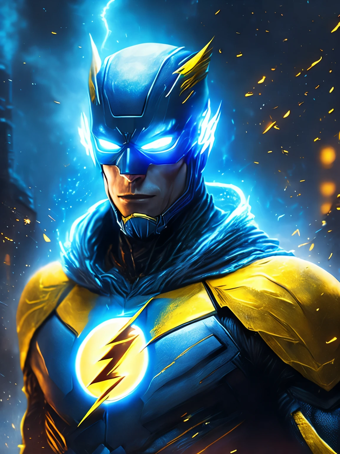 gloomy portrait of Flash Yellow Lantern from DC, extremely detailed, futuristic cityscape, nighttime, glowing neon lights, smoke, sparks, metal shavings, flying debris, blue energy effects, volumetric light