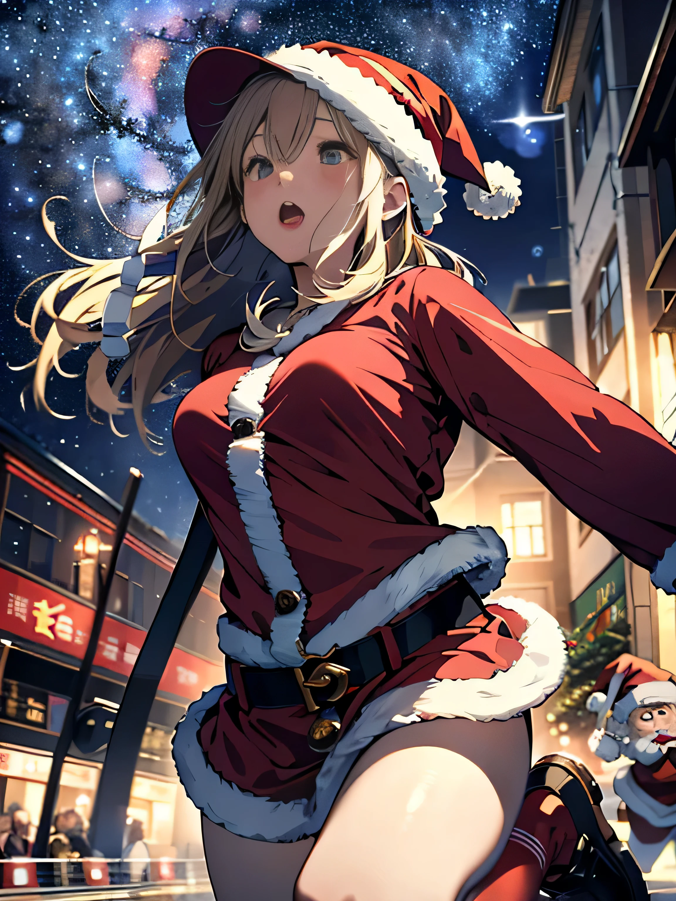 RAW image quality、8K分辨率、Ultra-high-definition CG images、Absurd resolution, hight resolution, (​masterpiece:1.4), The ultra-detailliert, 1girl in, floated hair、floating, ((Wear Santa's clothes:1.4)), (((Wearing a Santa Claus hat:1.4)))Seen from above, (((starrysky:1.4))), ((Run at full speed:1.4)), wide-angle lens distortion