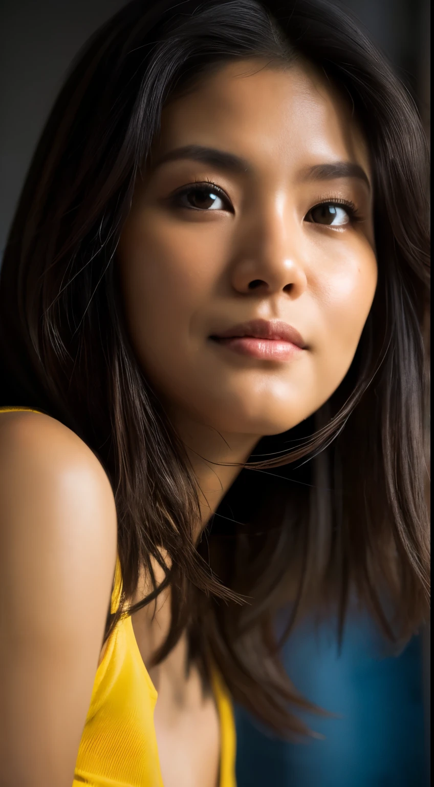 highest quality, epic realistic, ((in the pitch black darkness :1.4)), ((portrait:1.5)),(background: dark ) high contrast ,glorious picture, lowest lux, lighting face, she's comfortable, wearing nothing, , looks incredible, (8k, Raw photo, Highest quality),(epic realistic:1.5), a woman, face,(detailed eyes:0.8),(looking at the camera:1.4), (Highest quality), ( high contrast, deep shadows),Intricate details,cinematic,((skin:1.4)), (long dark hair:1.3), long hair, messy ,(Hdr:1.5),Detailed, colors, Superior quality, Masterpiece, Raw Photo (20-year-old, looking at viewer), beautiful, (wearing plain yellow shirt,), perfect, natural, perfect composition, portrait, perfect face, smiling expression, Captivating eyes, Bright details, Tight lips, (High Skin Detail),, (blue tint: 0.6), (sale: 0.8), (bloody: 0.7), Key lighting , (backlight: 0.5), Medium depth of field, Canon 5d, 50mm lens, f/4 apertures, (Ultra-detailed, Complex detail), sharp focus, soft colors, 8k, Absurd, 80mm, dark background, photography, smiling, pinay, filipina, medium boobs,