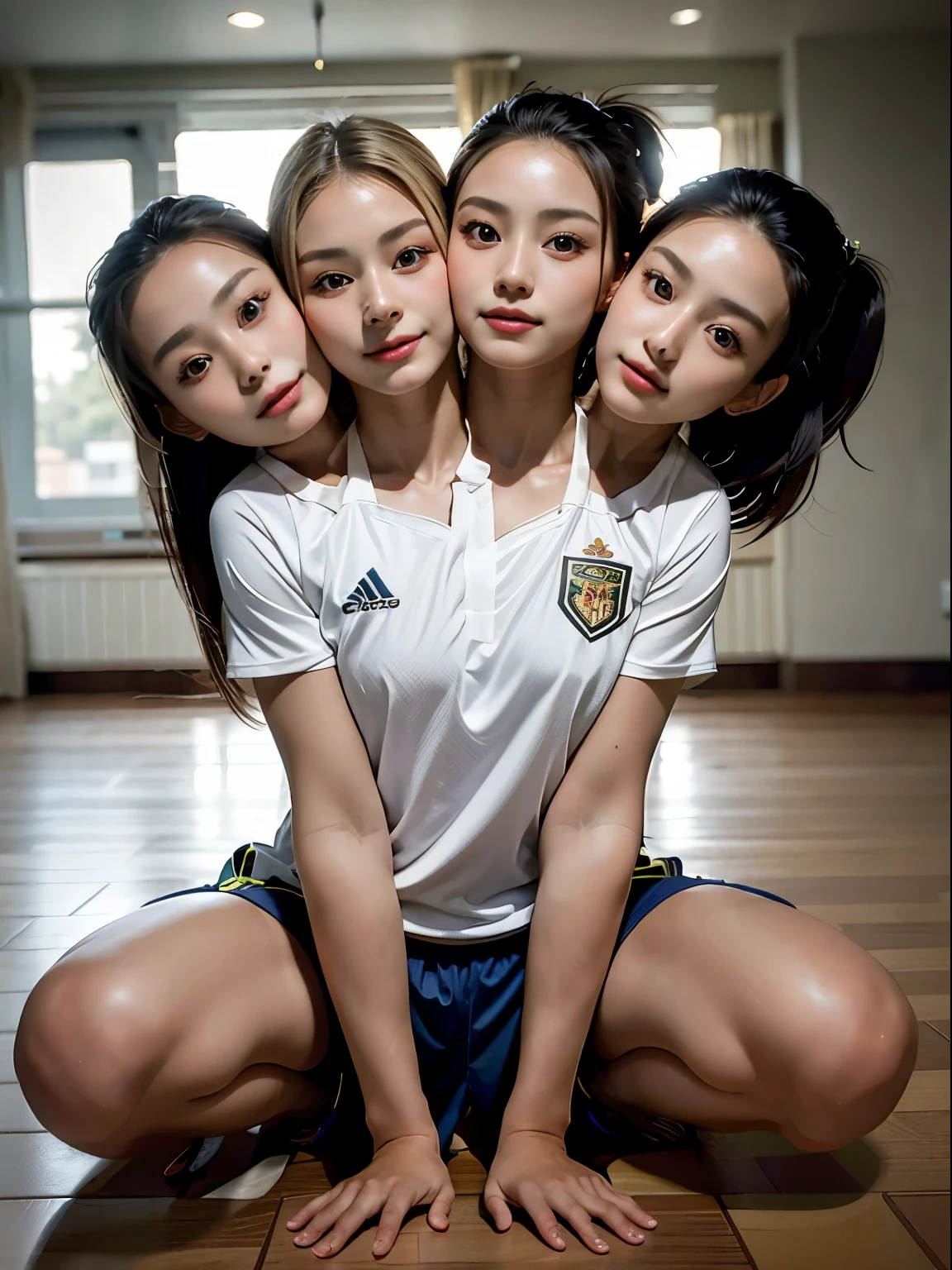 (masterpiece, best quality), best resolution, (3heads:1.5), 1girl, korean, facing viewer, close-up, blond hair, extremely long hair, hair reaching floor, ponytail, focused, soccer uniform, playing soccer, soccer field, day