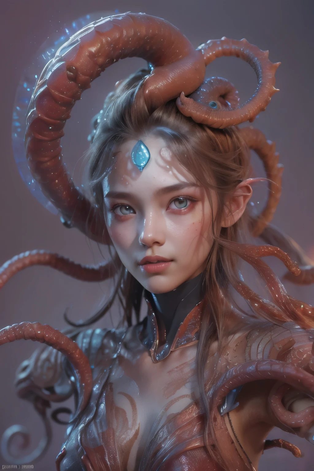 Portrait, (beautiful female alien:1.2),  (There is a female genital-like organ in the middle of the forehead:1.8), (The most beautiful face in the history of the universe:1.2), (scarlet eyes:1.6), (Translucent skin:1.8), an evil gaze that seduces , (red eyes:1.5), Full body like, (sexypose:1.5), alien, No humans, cells are fused, (Lots of translucent tentacles:1.1) (Translucent skin:1.3), extraterrestrial, cell, bio image, 魅惑的, Best Quality, 8K,4K_quality, high definition, Dramatic Lighting, masutepiece:1.5,cinematic quality, detail up, (Intricate details:1.2), high resolution, High Definition, drawing faithfully, (Thick eyebrows:1.2), Beautiful eyes with fine symmetry, (Ultra detailed eyes:1.2),(Highly detailed face and eyes:1.2), (High-resolution red-eye:1.4), Intimate face, (Super detailed skin quality feeling:1.4), Perfect Anatomy,  (Beautiful toned body:1.5),  (Moist skin:1.2), No makeup, (dark circles:1.1), long canines, cinematic drawing of characters, ultra high quality model, cinematic quality, detail up, (Intricate details:1.2), high resolution, High Definition, drawing faithfully, Official art, Unity 8K wall  , 8K Portrait, Best Quality, Very high resolution, ultra detailed artistic photography, midnight aura,  unreal engine 5, Ultra Sharp Focus, art by alberto seveso, ArtGerm, Roisch, intricate artwork, Medusa, best quality, masterpiece, ultra high resolution, (photos realistic：1.4), Ultra-realistic realism, dream-like,  nautilus, Creation of fantasy, Snail, Dream Snail,  biopunk nautilus, thrilling color schemes， Ultra-realistic realism， seductively smiling, blue tentacles