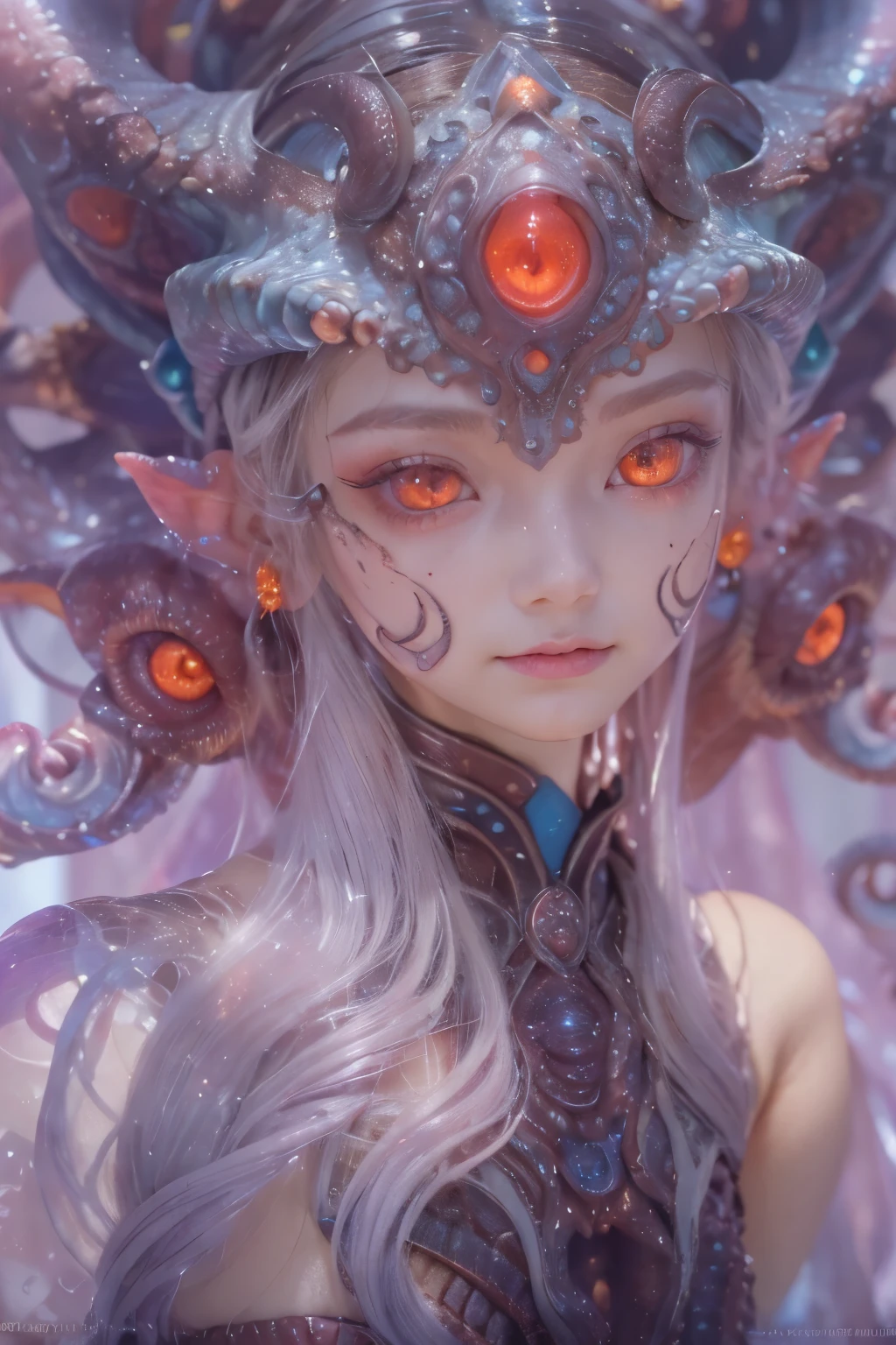 Portrait, (1 beautiful female alien:1.2), (There is a female genital-like organ in the middle of the forehead:1.8), (The most beautiful face in the history of the universe:1.2), (Scarlet eyes that shine mysteriously:1.6), (Translucent skin:1.8), an evil gaze that seduces, (red eyes:1.5), (large mouth:1.1), sharp teeth like a shark, Full body like, (bio luminescent:1.2), (Smile wickedly:1.3), (sexypose:1.5), alien, No humans, cells are fused, (Lots of translucent tentacles:1.1) (Translucent skin:1.3), extraterrestrial, cell, bio image, Best Quality, 8K,4K_quality, High Definition, Dramatic Lighting, masutepiece:1.5,cinematic quality, detail up, (Intricate details:1.2), High resolution, High Definition, drawing faithfully, (Thick eyebrows:1.2), Beautiful eyes with fine symmetry, (Ultra detailed eyes:1.2),(Highly detailed face and eyes:1.2), (High-resolution red-eye:1.4), Intimate face, (Super detailed skin quality feeling:1.4), Perfect Anatomy, (Beautiful toned body:1.5), (Moist skin:1.2), No makeup, (dark circles:1.1), long canines, cinematic drawing of characters, ultra high quality model, cinematic quality, detail up, (Intricate details:1.2), High resolution, High Definition, drawing faithfully, Official art, Unity 8K wall , 8K Portrait, Best Quality, Very High resolution, ultra detailed artistic photography, midnight aura, unreal enginee 5, Ultra Sharp Focus, art by alberto seveso, ArtGerm, Roisch, intricate artwork, best quality, masutepiece, ultra High resolution, (photos realistic:1.4), Ultra-realistic realism, dream-like, nautilus, Creation of fantasy, Snail, Dream Snail, (biopunk nautilus:1.3), Thrilling color schemes, Ultra-realistic realism, seductively smiling, Blue tentacles