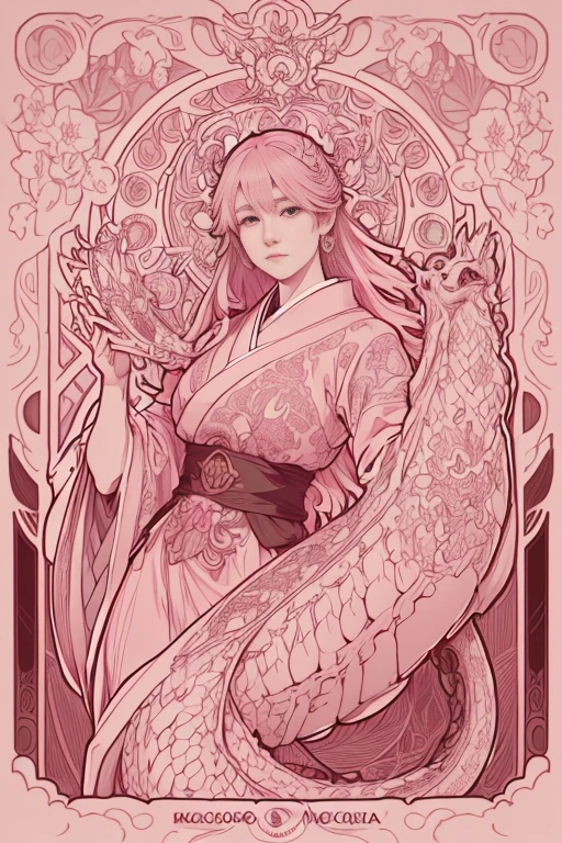 Portrait of a Japanese dragon dressed in pink , Cabellos Preto et Longloral Frame, Decorative panel, Description artistic, By Alphonse Mucha, (masutepiece, Best Quality, hight resolution:1.4), Detailed, Intricate details, 4K, color splashes, line-drawing, Fibonacci, Alphonse Mucha in the form of a tarot card