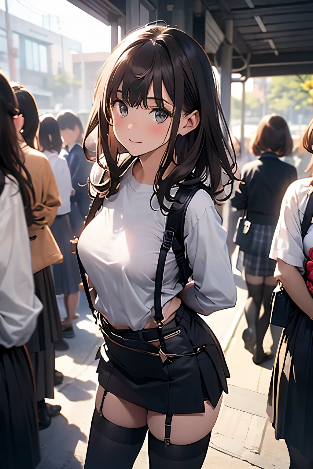 Brown hair、watching at viewers　　　black suspenders　　　Bulging big breasts　　 　 　　　walls: 　Black miniskirt　garters　　　　　　Gaze　　　Small face　bangss 　　　holster　　　Beautuful Women　　hands up　　レッグholster ベッドに横たわる　　Gaze 　黒いブーツ Panchira　provocation　　soio 　arm　In the car　Fold your hands behind your back　belt dark face　Panchira