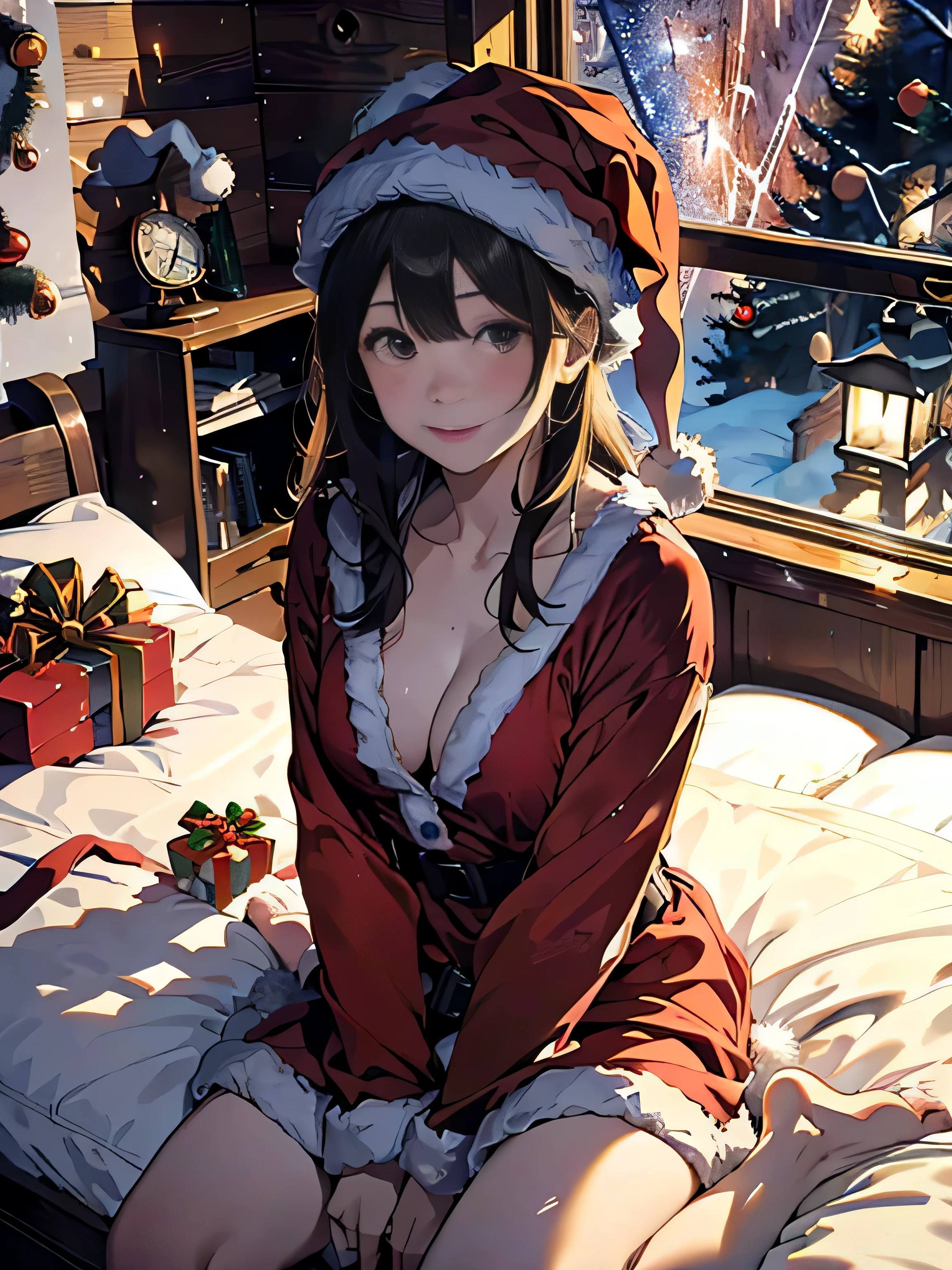 RAW image quality、8K分辨率、Ultra-high-definition CG images、Absurd resolution, hight resolution, (masterpiece:1.4), The ultra-detailliert, 1girl in, floated hair、floating, ((wearing Santa's clothes:1.4)), (((Wearing a Santa Claus hat:1.4)))、White bra、a large bust、cleavage of the breast、Embarrassed face、Seen from above, (((starrysky:1.4))), ((Sitting in bed:1.4)), Inside the log house room、Christmas tree、fireplace、wide-angle lens distortion