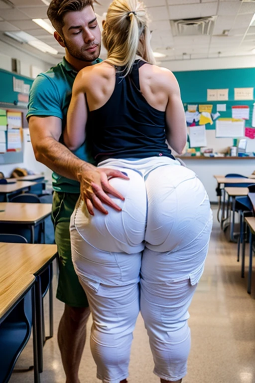 two people, one male, one female, male groping female, classroom setting, girl dressed in pants and a white top, clothes tight, girl is bent over desk, Girl is voluptuous, wide hips, thick thighs, huge ass, blonde hair, ponytail, big thick ass, juicy ass, she looks surprised, she's blushing, guy is grabbing her ass, guy is groping her ass