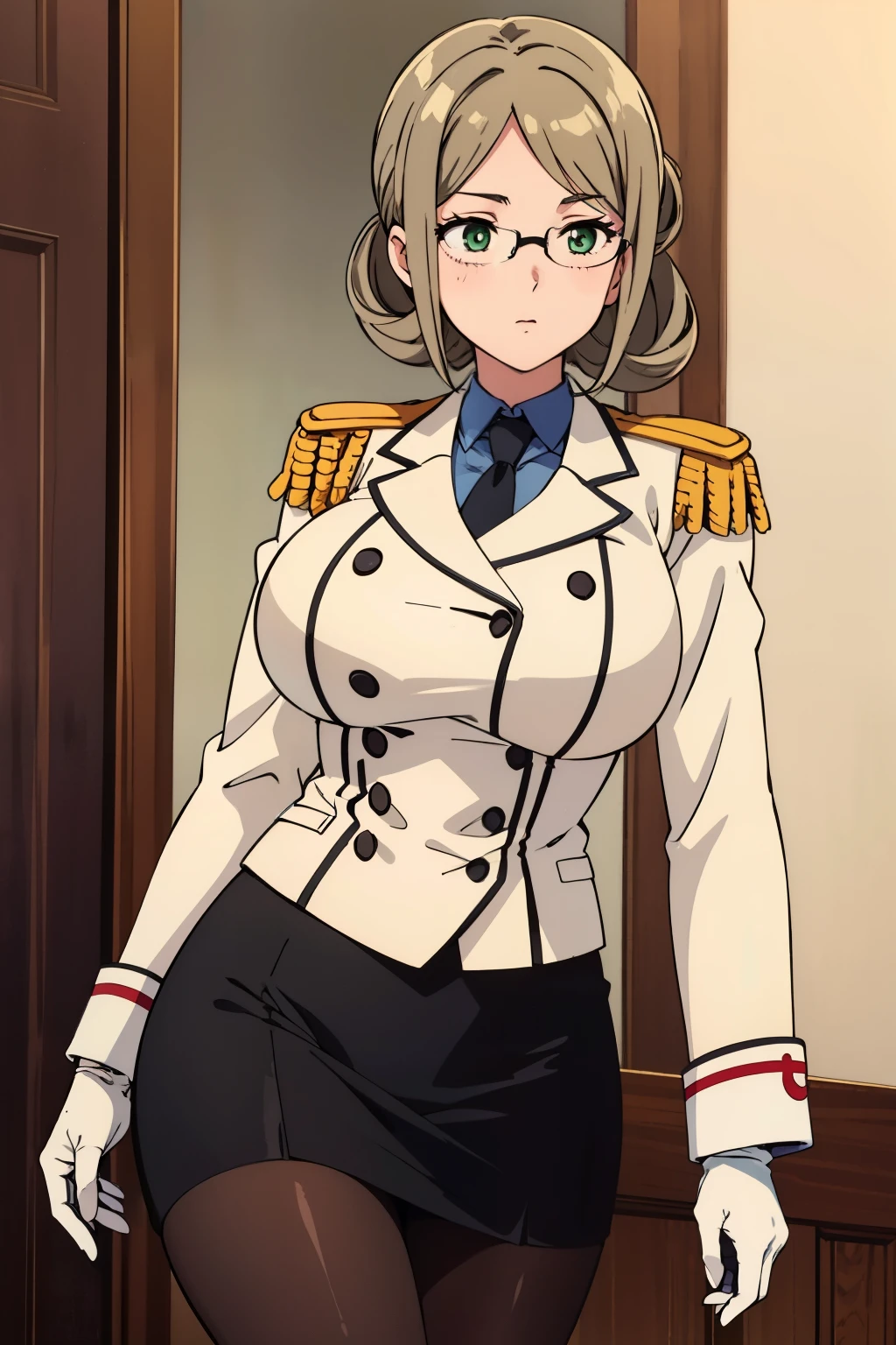 1990s anime cels style, best quality, high resolution, indoors, (big eyes), 1girl, (huge breasts), katori \(kancolle\), light brown hair, folded ponytail, parted bangs, green eyes, glasses, rimless eyewear, military uniform,white jacket,epaulettes, black necktie, white gloves, grey pencil skirt, (black pantyhose), looking away, (walking), cowboy shot