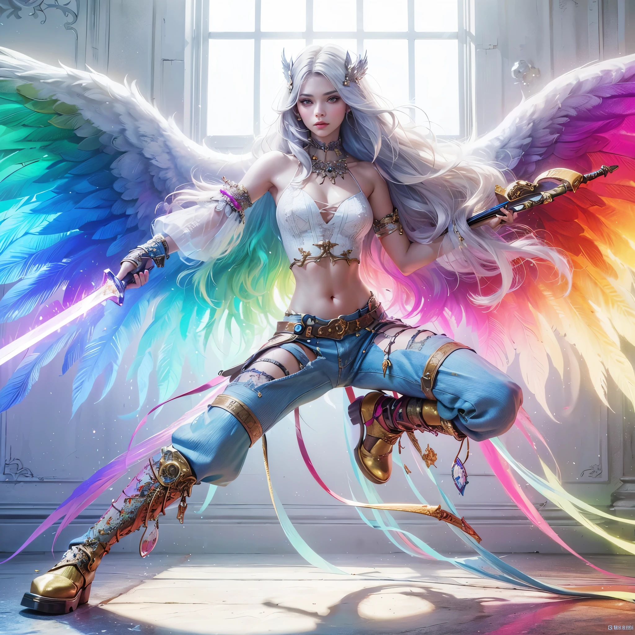 a close up of a woman with a sword and wings, colorfull digital fantasy art, epic angel wings, epic fantasy art style hd, rainbow wings, angel knight girl, 2. 5 d cgi anime fantasy artwork, epic fantasy art style, epic fantasy digital art style, as a mystical valkyrie, artgerm julie bell beeple, fantasy art style, masterpiece, best quality:1.2),,(8k,highres,RAW photo,realistic,photo-realistic:1.3),(detailed skin texture,detailed cloth texture,beautiful detailed face:1.25),professional lighting,photon mapping,beautiful soft light,radiosity,physically-based rendering,raytracing, model shoot style, model shoot style, (extremely detailed CG unity 8k wallpaper), full shot body photo of the most beautiful artwork in the world,