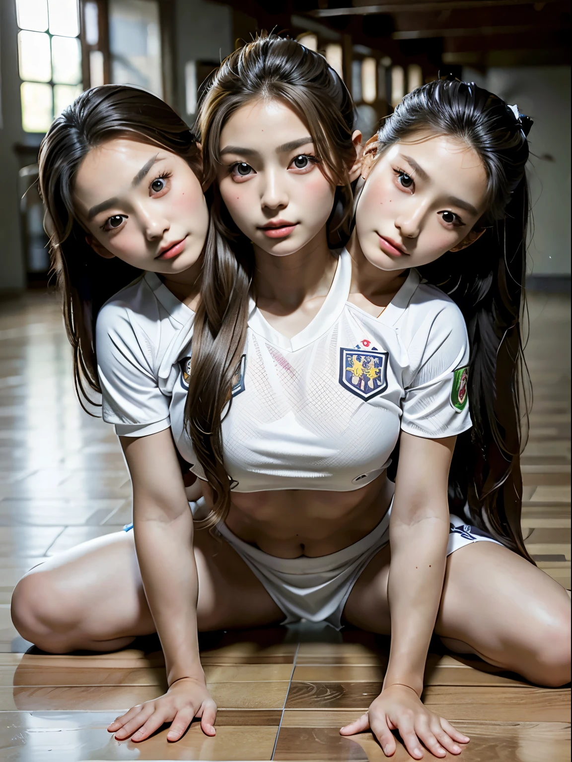 (masterpiece, best quality), best resolution, (3heads:1.5), 1girl, korean, facing viewer, close-up, blond hair, extremely long hair, hair reaching floor, ponytail, focused, soccer uniform, playing soccer, soccer field, day