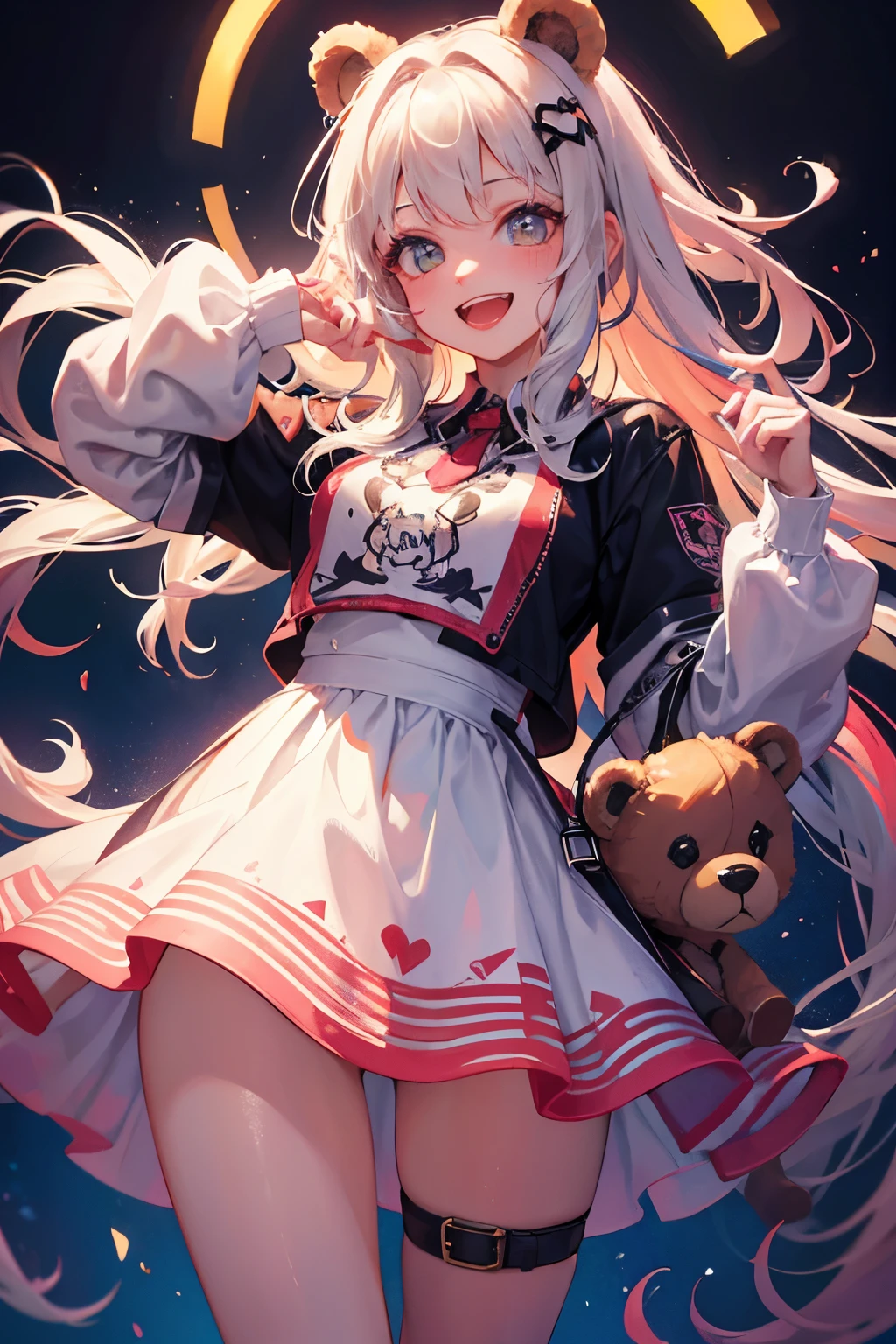 (illustratio:1.3)Teddy bear with girl smiling with open mouth,Painted with multicolored inks,Punk style,Innocent, bear ears ,Radiant,Delicate,high-level image quality,Honey is dripping