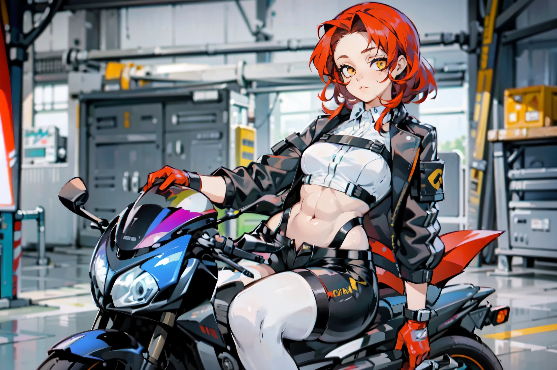 1girl, young woman, solo, short hair, Small  hair, (forehead:1.2), yellow eyes, sharp ocular posture, (scarlet red hair), Athletic, muscular, medium breasts, (cropped jacket, black jacket), white shirt, collared shirt, (chest harness, shoulder strap:1.15), black leather shorts, pantyhose 7/8, garter belt, gloves, elegant, looking at viewer, sitting on a Motorcycle in a garage, super Realistic bike, sitting on the side, masterpiece, best quality, 4k