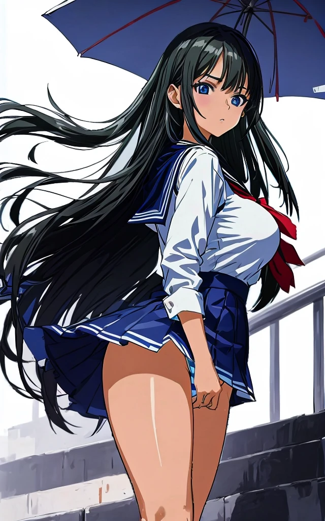 A beautiful woman with long black hair, big breasts, beautiful legs, and a sharp face is wearing a sailor suit with a white miniskirt and is walking up the stairs at the station, showing her light blue buttocks and blue striped panties from behind.。