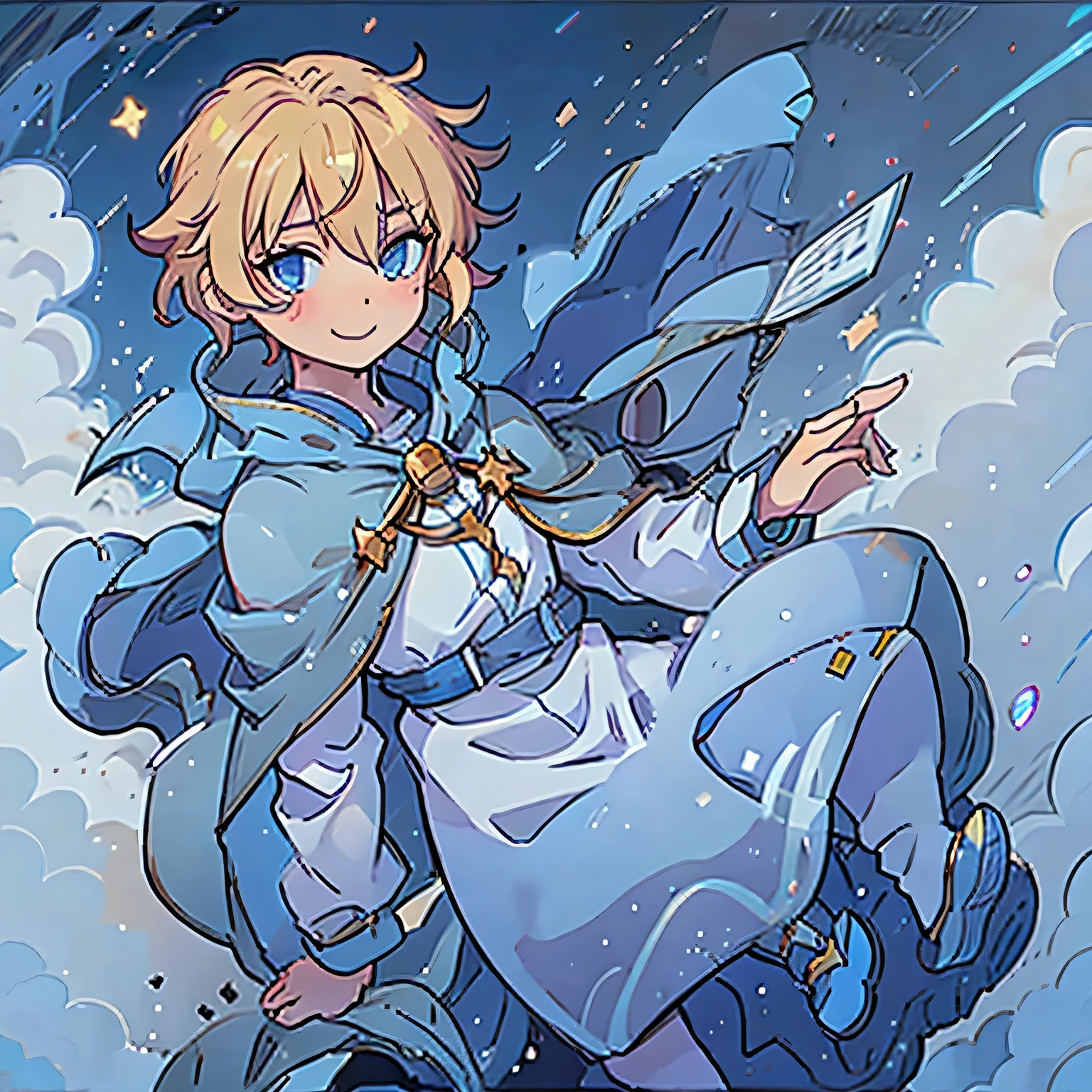 blonde anime boy, blue eyes, blue cape, holding a sign, smile, starry sky, prince outfit