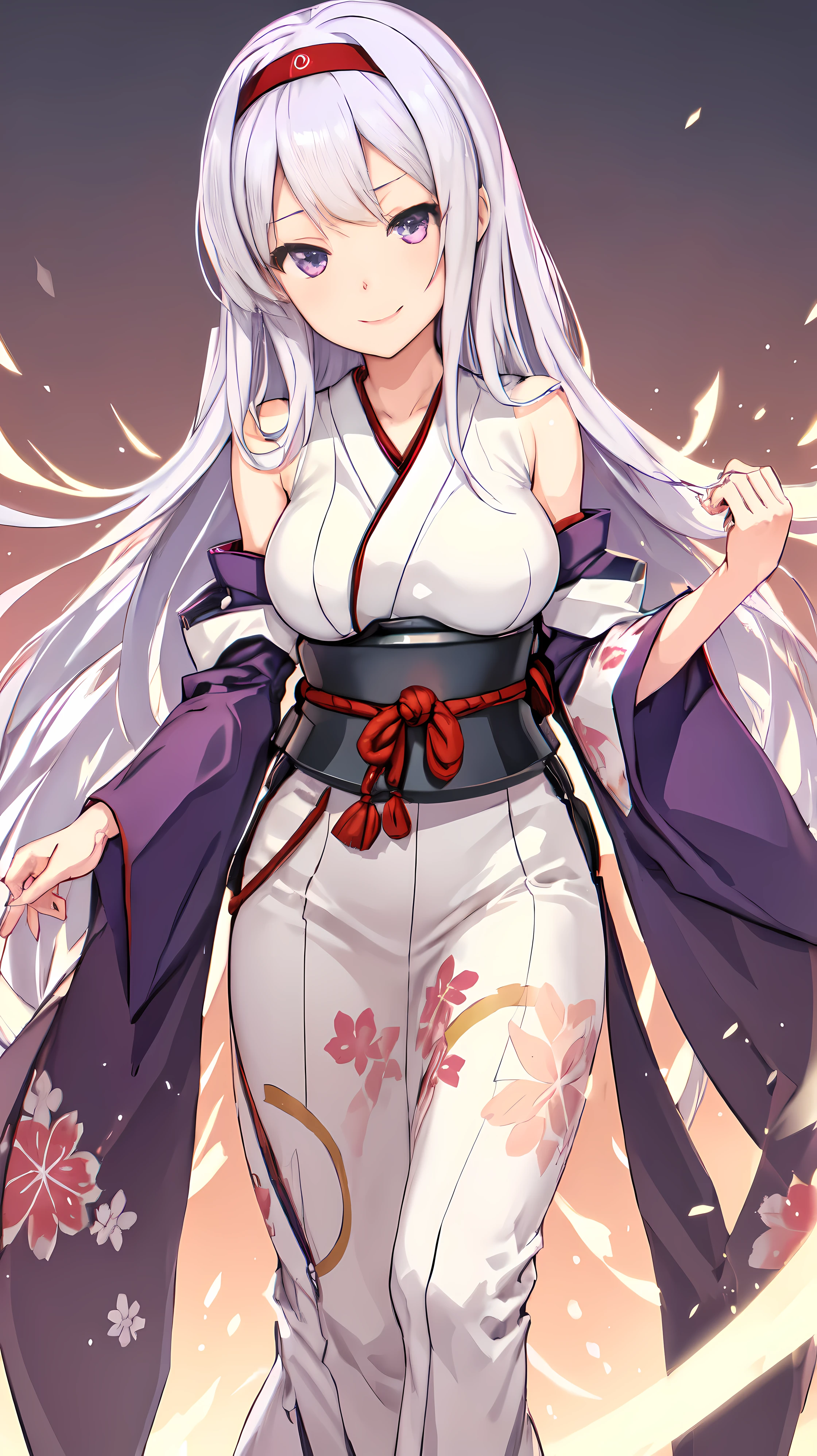 Best Quality, masutepiece, hight resolution, Solo, {_shokaku {_Kantai Collection:1.15}, long_hair, white_hair, Purple_Eyes, muneate, tasuki, Smile, 1girl in , Japanese_Clothes, distortion, , outstretched_Highly detailed arms、extremely detailed eye、extra detailed face、Insanely detailed body、Insanely detailed skin, bewitching expression, and big bust in the back room