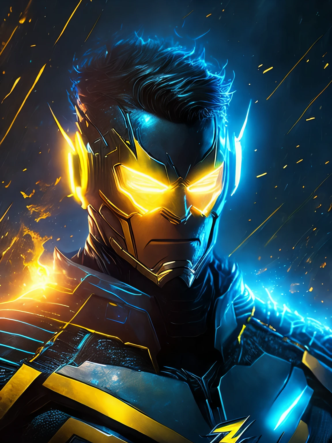 gloomy portrait of Flash Yellow Lantern from DC, extremely detailed, futuristic cityscape, nighttime, glowing neon lights, smoke, sparks, metal shavings, flying debris, blue energy effects, volumetric light