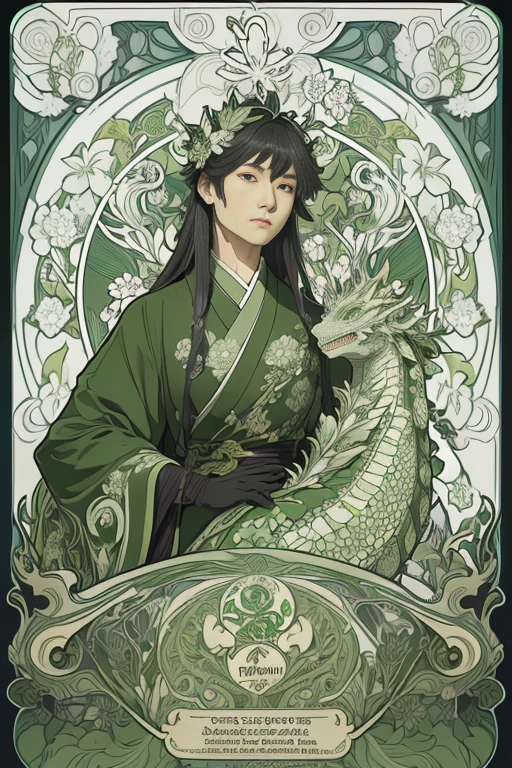 Portrait of a Japanese dragon dressed in green , cabelos preto e longos、Floral frame, Decorative panel, Description Artistic, By Alphonse Mucha, (masutepiece, Best Quality, hight resolution:1.4), Detailed, Intricate details, 4K, color splashes, line-drawing, Fibonacci, Alphonse Mucha in the form of a tarot card