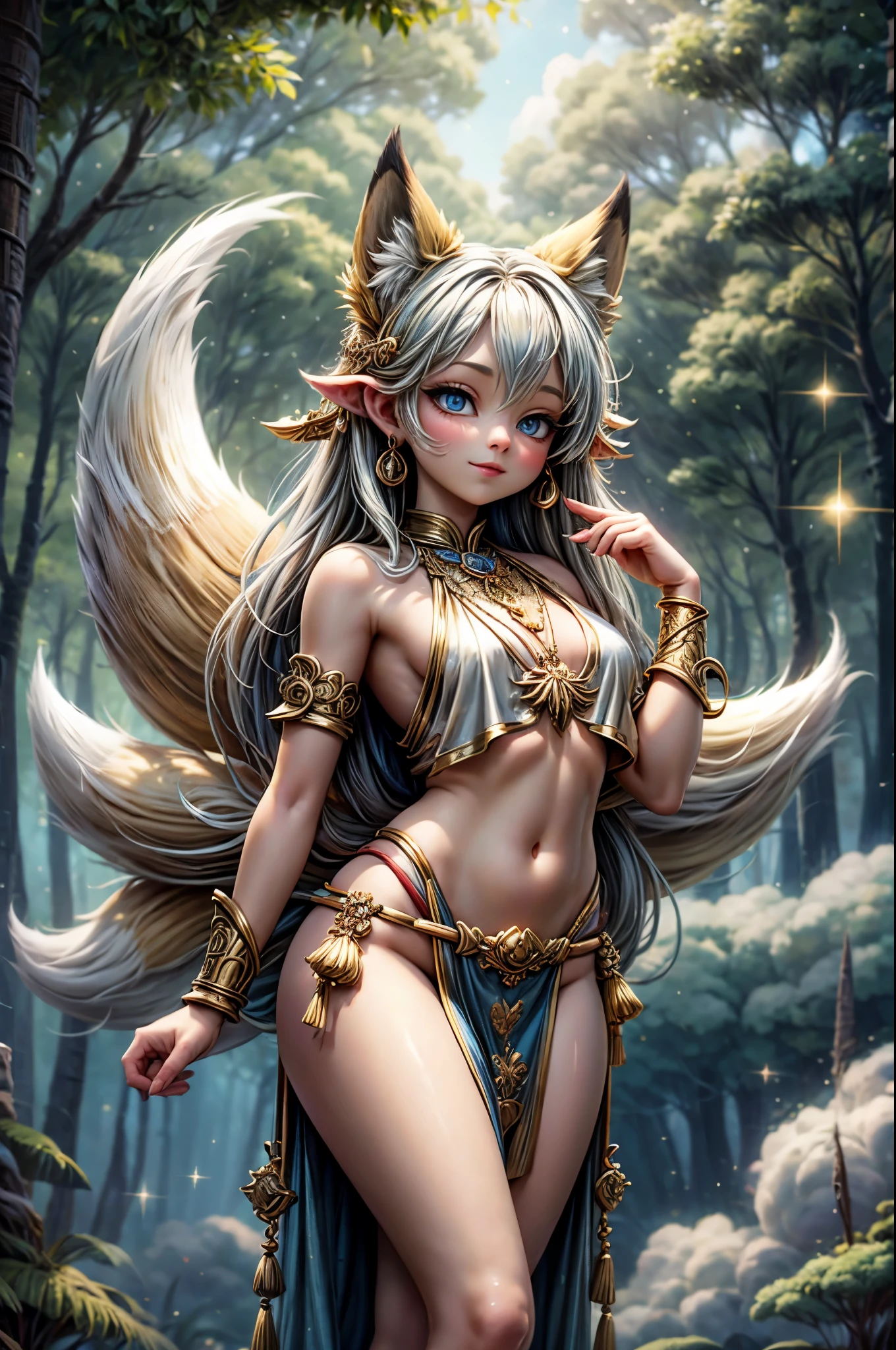 The Fox Godess, Beautyful, Silk,Clouds,Fox Tail, Loincloth, Golden Blue Metal Top, Forest,( bokeh )