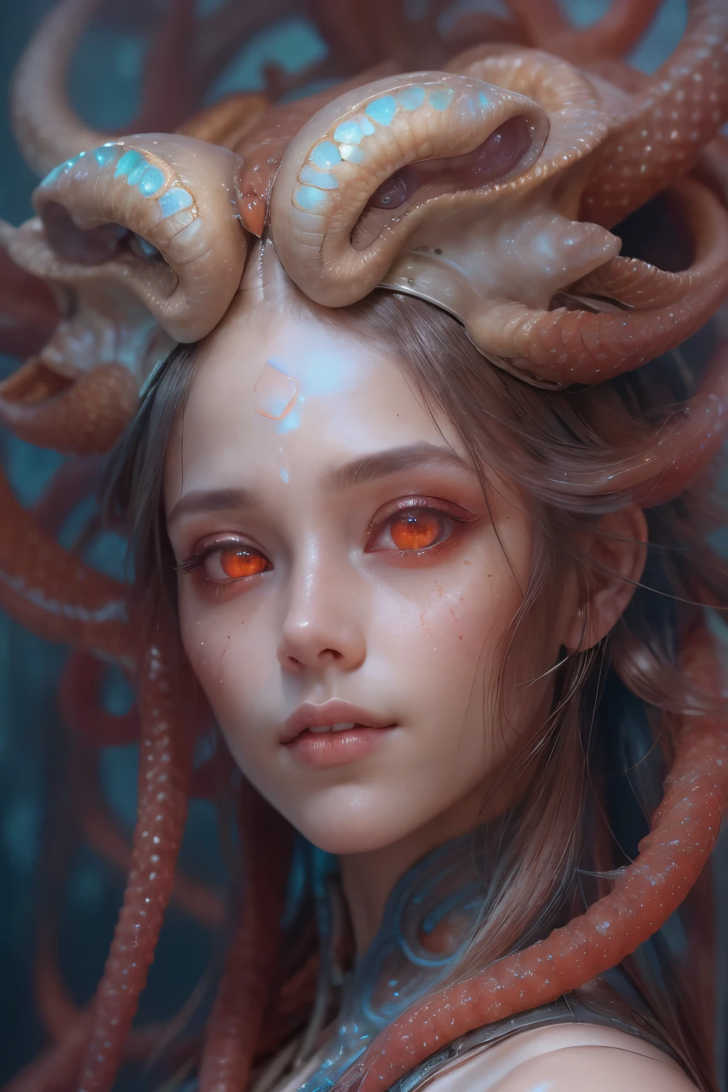 Portrait, (beautiful female alien:1.2), (There is a female genital-like organ in the middle of the forehead:1.8), (The most beautiful face in the history of the universe:1.2), (scarlet eyes:1.6), (Translucent skin:1.8), an evil gaze that seduces , (red eyes:1.5), Full body like, (sexypose:1.5), alien, No humans, cells are fused, (Lots of translucent tentacles:1.1) (Translucent skin:1.3), extraterrestrial, cell, bio image, 魅惑的, Best Quality, 8K,4K_quality, high definition, Dramatic Lighting, masutepiece:1.5,cinematic quality, detail up, (Intricate details:1.2), high resolution, High Definition, drawing faithfully, (Thick eyebrows:1.2), Beautiful eyes with fine symmetry, (Ultra detailed eyes:1.2),(Highly detailed face and eyes:1.2), (High-resolution red-eye:1.4), Intimate face, (Super detailed skin quality feeling:1.4), Perfect Anatomy, (Beautiful toned body:1.5), (Moist skin:1.2), No makeup, (dark circles:1.1), long canines, cinematic drawing of characters, ultra high quality model, cinematic quality, detail up, (Intricate details:1.2), high resolution, High Definition, drawing faithfully, Official art, Unity 8K wall , 8K Portrait, Best Quality, Very high resolution, ultra detailed artistic photography, midnight aura, unreal engine 5, Ultra Sharp Focus, art by alberto seveso, ArtGerm, Roisch, intricate artwork, Medusa, best quality, masterpiece, ultra high resolution, (photos realistic:1.4), Ultra-realistic realism, dream-like, nautilus, Creation of fantasy, Snail, Dream Snail, biopunk nautilus, thrilling color schemes, Ultra-realistic realism, seductively smiling, blue tentacles