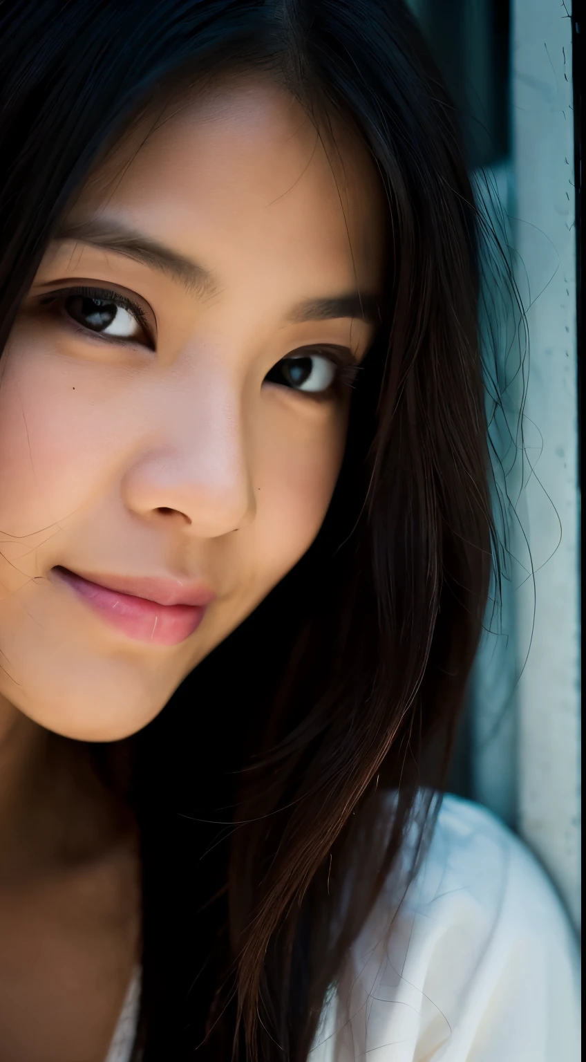 highest quality, epic realistic, ((in the pitch black darkness :1.4)), ((portrait:1.5)),(background: dark ) high contrast ,glorious picture, lowest lux, lighting face, she's comfortable, wearing nothing,  , looks incredible, (8k, Raw photo, Highest quality),(epic realistic:1.5), a woman, face,(detailed eyes:0.8),(looking at the camera:1.4), (Highest quality), ( high contrast, deep shadows),Intricate details,cinematic,((skin:1.4)), (long dark hair:1.3), long hair, messy ,(Hdr:1.5),Detailed, colors, Superior quality, Masterpiece, Raw Photo (20-year-old, looking at viewer), beautiful, (wearing plain yellow shirt,), perfect, natural, perfect composition, portrait, perfect face, smiling expression, Captivating eyes, Bright details, Tight lips, (High Skin Detail),, (blue tint: 0.6), (sale: 0.8), (bloody: 0.7), Key lighting , (backlight: 0.5), Medium depth of field, Canon 5d, 50mm lens, f/4 apertures, (Ultra-detailed, Complex detail), sharp focus, soft colors, 8k, Absurd, 80mm, dark background, photography, smiling, pinay, filipina, medium boobs,