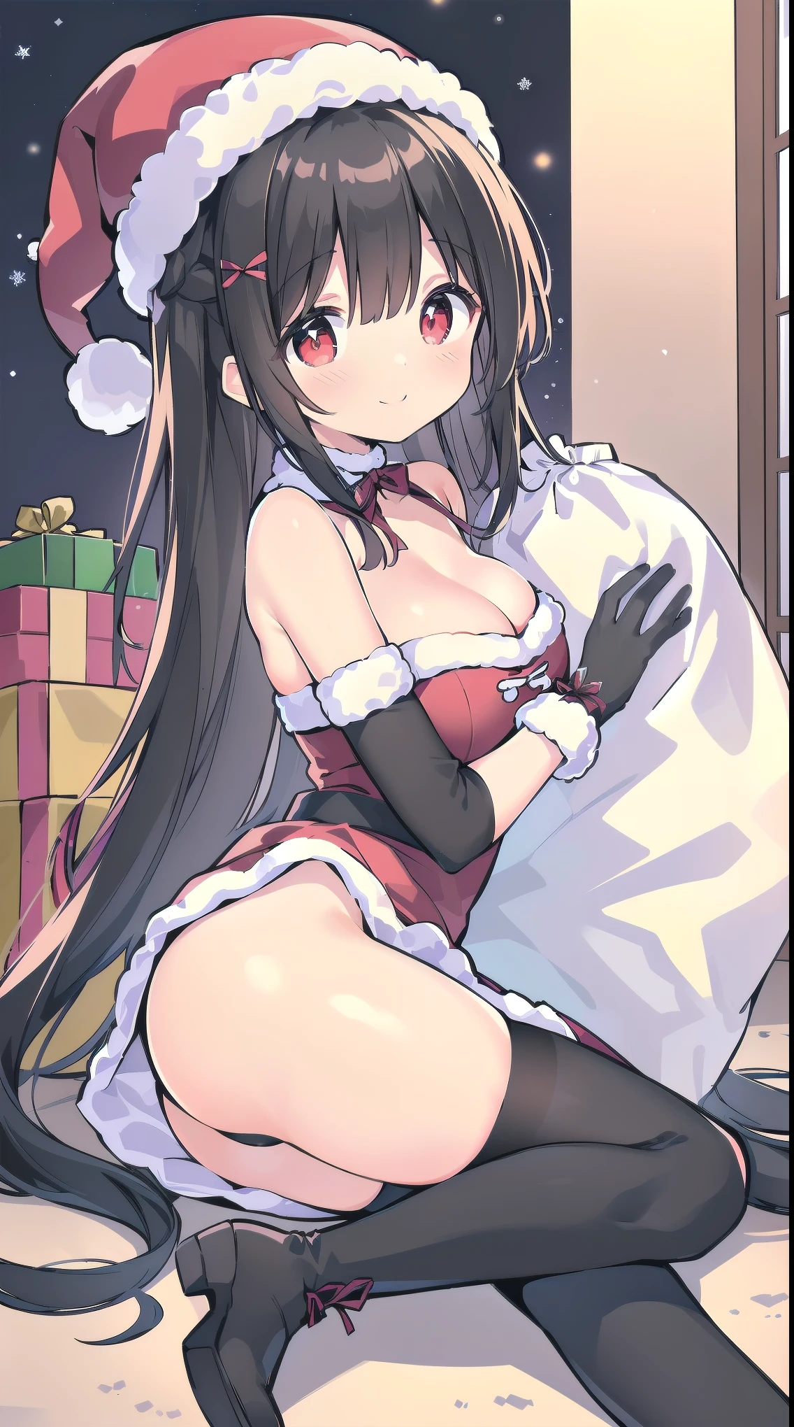 Landscape mode, (wearing mature and sexy red santa dress, wearing big red christmas hat, big red ribbon on the back of her hair, christmas gloves, wear long black stocking, knee high red christmas boots, holding huge santa present bag over the shoulder:1.5), picture infront of big christmas tree on a big outdoor plaza at night with starry sky and a lot of hanging christmas light, (gentle housewife, small girl, full body, depth of view, petite and short figure girl, cute and , perfect woman, medium cleavage, mature aura:1.2), (masterpiece, best quality, HD Pictures, 4K:1.1), outdoor, ((very long hair, bangs, gentle look, gentle smile, gentle eyes, mature looking, pinkish cheeks, very detailed eyes, very detailed pupils, very detailed ridiculously long black hair, detailed face, detailed ruby red eyes)), full body, look up to viewer, detailed long black hair, (happy gentle face, warm smile, blushing red cheeks, hands reaching towards viewer:1.3)