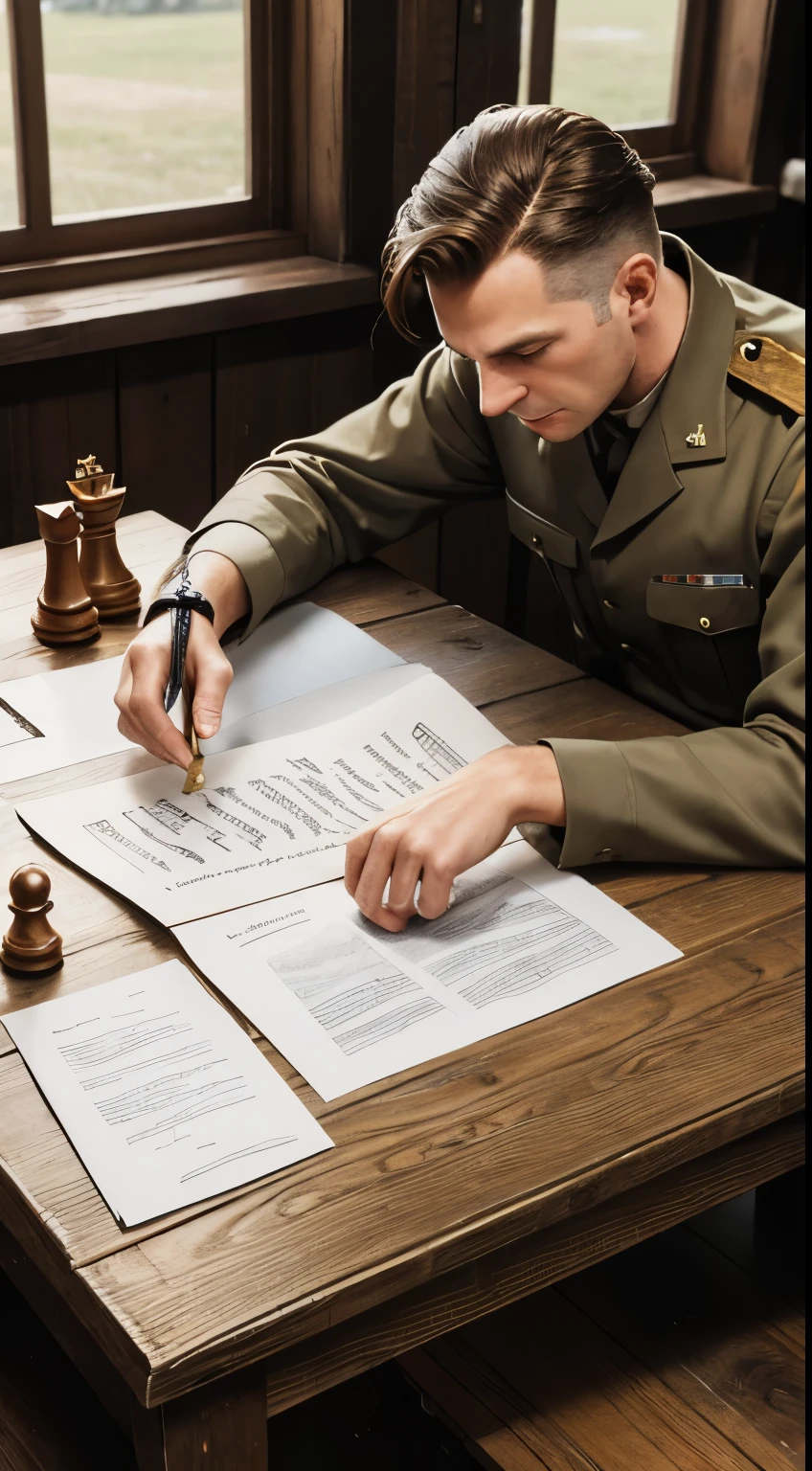 Hanns Scharff cunningly playing a mental game with an American POW, friendly yet manipulative demeanor, chess pieces and war documents on a rustic wooden table, hyper realistic