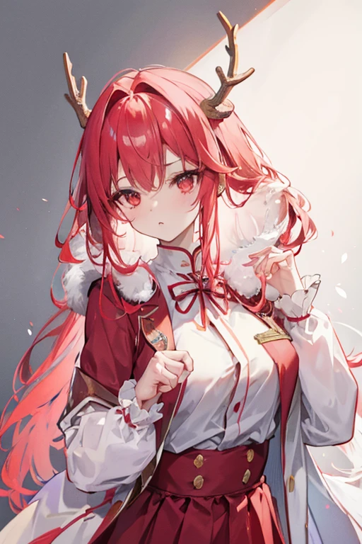 Unparalleled beauty,face perfect、、(Red and white gradient hair、hair wavy),Perfect Eye、Archaic costume、Retro、snowscape、White breath、Deer antlers grow from the head、校服、Blazer Clothing、ファッションmodeled、modeled、、White rabbit、、Five-storied Pagoda、、full body Esbian,