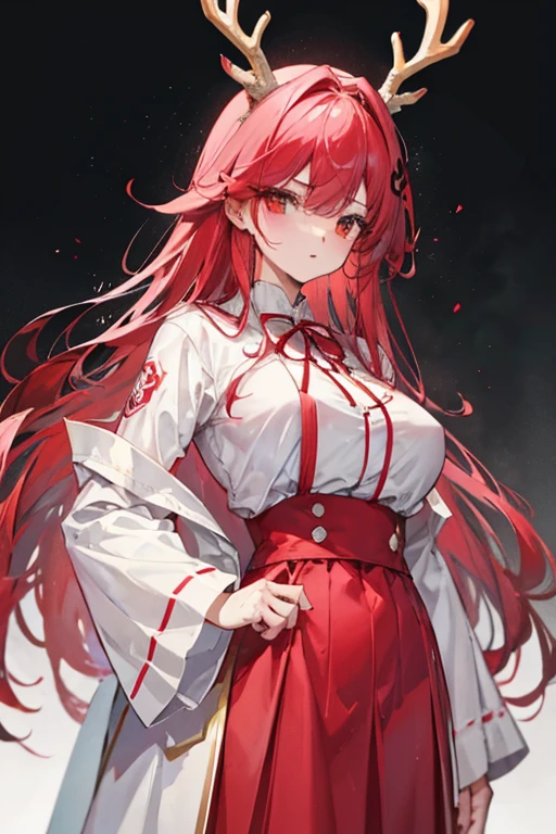 Unparalleled beauty,face perfect、、(Red and white gradient hair、hair wavy),Perfect Eye、Archaic costume、Retro、snowscape、White breath、Deer antlers grow from the head、校服、Blazer Clothing、ファッションmodeled、modeled、、White rabbit、、Five-storied Pagoda、、full body Esbian,