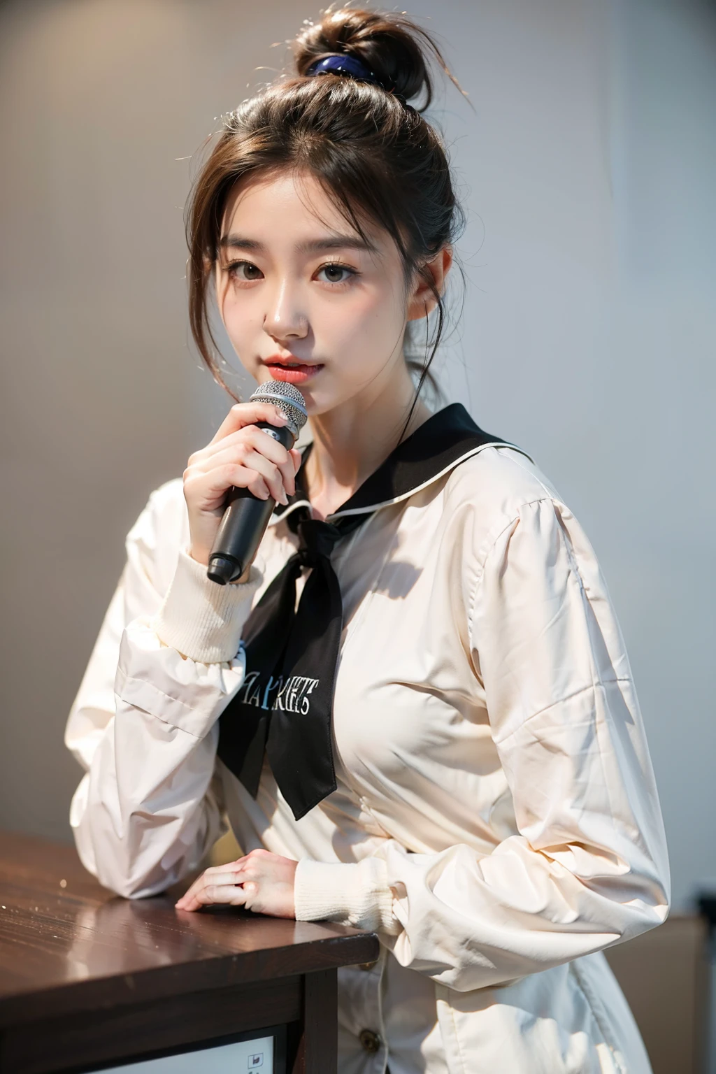 ((Best quality at best)), ((tmasterpiece)), (Detailed pubic hair), The background is on the podium,natural classic face,Talking with microphone in hand,long sleeve work uniform,Hair tied up,中景 the scene is