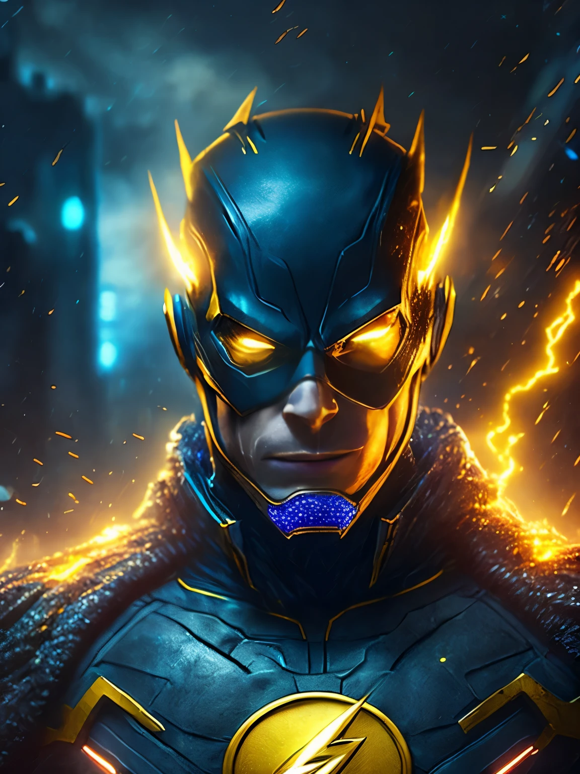 gloomy portrait of Flash Yellow Lantern from DC, extremely detailed, futuristic cityscape, nighttime, glowing neon lights, smoke, sparks, metal shavings, flying debris, blue energy effects, volumetric light