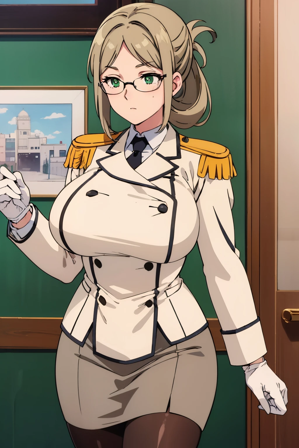 1990s anime cels style, best quality, high resolution, indoors, (big eyes), 1girl, (huge breasts:1.2), katori \(kancolle\), light brown hair, folded ponytail, parted bangs, green eyes, glasses, rimless eyewear, military uniform,white jacket,epaulettes, black necktie, white gloves, grey pencil skirt, (black pantyhose), looking away, (walking), cowboy shot