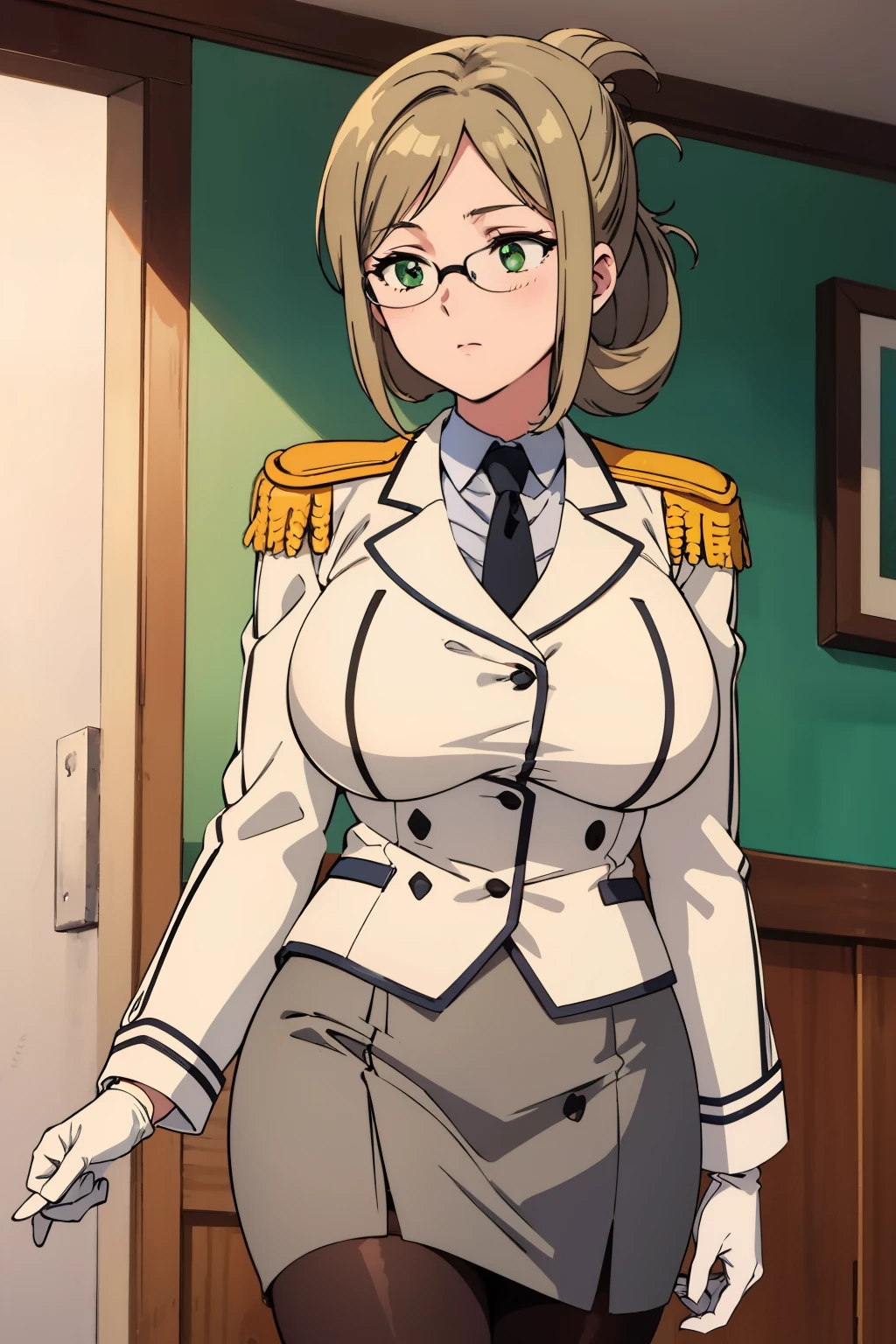 1990s anime cels style, best quality, high resolution, indoors, (big eyes), 1girl, (huge breasts:1.2), katori \(kancolle\), light brown hair, folded ponytail, parted bangs, green eyes, glasses, rimless eyewear, military uniform,white jacket,epaulettes, black necktie, white gloves, grey pencil skirt, (black pantyhose), looking away, (walking), cowboy shot