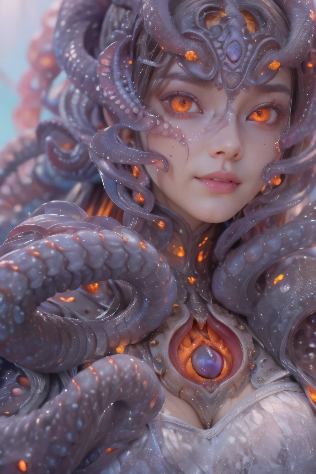 Portrait, (beautiful female alien:1.2), (There is a female genital-like organ in the middle of the forehead:1.8), (The most beautiful face in the history of the universe:1.2), (scarlet eyes:1.6), (Translucent skin:1.8), an evil gaze that seduces , (red eyes:1.5), Full body like, (sexypose:1.5), alien, No humans, cells are fused, (Lots of translucent tentacles:1.1) (Translucent skin:1.3), extraterrestrial, cell, bio image, 魅惑的, Best Quality, 8K,4K_quality, high definition, Dramatic Lighting, masutepiece:1.5,cinematic quality, detail up, (Intricate details:1.2), high resolution, High Definition, drawing faithfully, (Thick eyebrows:1.2), Beautiful eyes with fine symmetry, (Ultra detailed eyes:1.2),(Highly detailed face and eyes:1.2), (High-resolution red-eye:1.4), Intimate face, (Super detailed skin quality feeling:1.4), Perfect Anatomy, (Beautiful toned body:1.5), (Moist skin:1.2), No makeup, (dark circles:1.1), long canines, cinematic drawing of characters, ultra high quality model, cinematic quality, detail up, (Intricate details:1.2), high resolution, High Definition, drawing faithfully, Official art, Unity 8K wall , 8K Portrait, Best Quality, Very high resolution, ultra detailed artistic photography, midnight aura, unreal engine 5, Ultra Sharp Focus, art by alberto seveso, ArtGerm, Roisch, intricate artwork, Medusa, best quality, masterpiece, ultra high resolution, (photos realistic:1.4), Ultra-realistic realism, dream-like, nautilus, Creation of fantasy, Snail, Dream Snail, biopunk nautilus, thrilling color schemes, Ultra-realistic realism, seductively smiling, blue tentacles