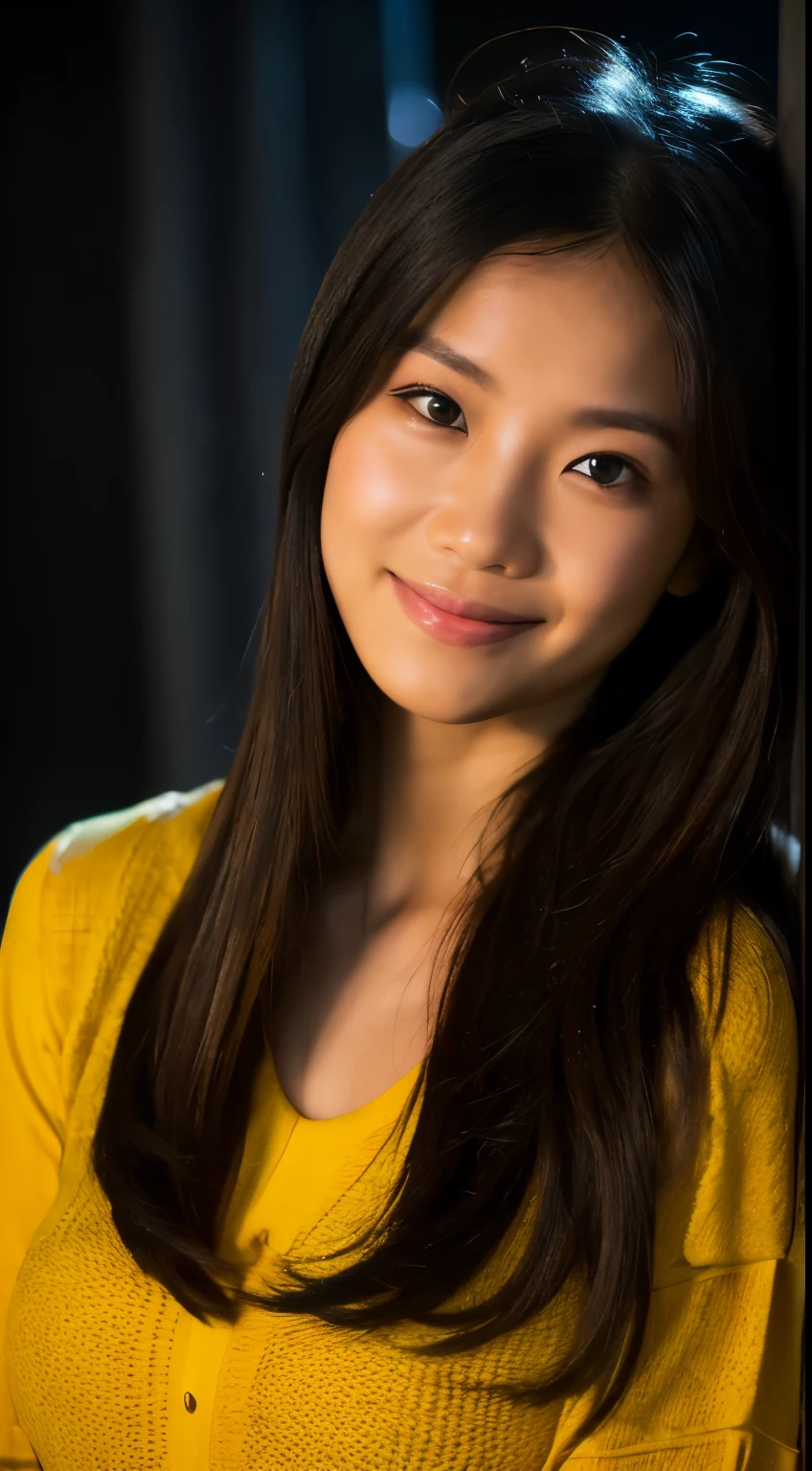highest quality, epic realistic, ((in the pitch black darkness :1.4)), ((portrait:1.5)),(background: dark ) high contrast ,glorious picture, lowest lux, lighting face, she's comfortable, wearing nothing, , looks incredible, (8k, Raw photo, Highest quality),(epic realistic:1.5), a woman, face,(detailed eyes:0.8),(looking at the camera:1.4), (Highest quality), ( high contrast, deep shadows),Intricate details,cinematic,((skin:1.4)), (long dark hair:1.3), long hair, messy ,(Hdr:1.5),Detailed, colors, Superior quality, Masterpiece, Raw Photo (20-year-old, looking at viewer), beautiful, (wearing plain yellow shirt,), perfect, natural, perfect composition, portrait, perfect face, smiling expression, Captivating eyes, Bright details, Tight lips, (High Skin Detail),, (blue tint: 0.6), (sale: 0.8), (bloody: 0.7), Key lighting , (backlight: 0.5), Medium depth of field, Canon 5d, 50mm lens, f/4 apertures, (Ultra-detailed, Complex detail), sharp focus, soft colors, 8k, Absurd, 80mm, dark background, photography, smiling, pinay, filipina, medium boobs,