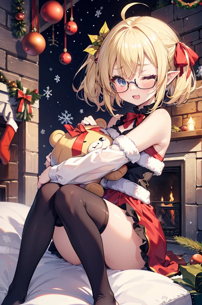 ultra detailed, best quality, high resolution, ((16k)), ((1girl)), pale skin, petite, (glossy blonde hair:1.5), (very short hair:1.5), blue eyes, (ahoge:1.3), (glasses), pointy ears, (blush:1.3), medium breasts, (santa costume), full body, looking away, ((room with fireplace)), (Christmas tree:1.5), ((wariza)), smile, ((fang)), ((chibi:1.2)), (forehead:1.3), (thick eyebrows), open mouth, ((watercolor)), ((hair red ribbon)), ((from above)), ((single short braid:0.8)), (((nsfw, all nude)))