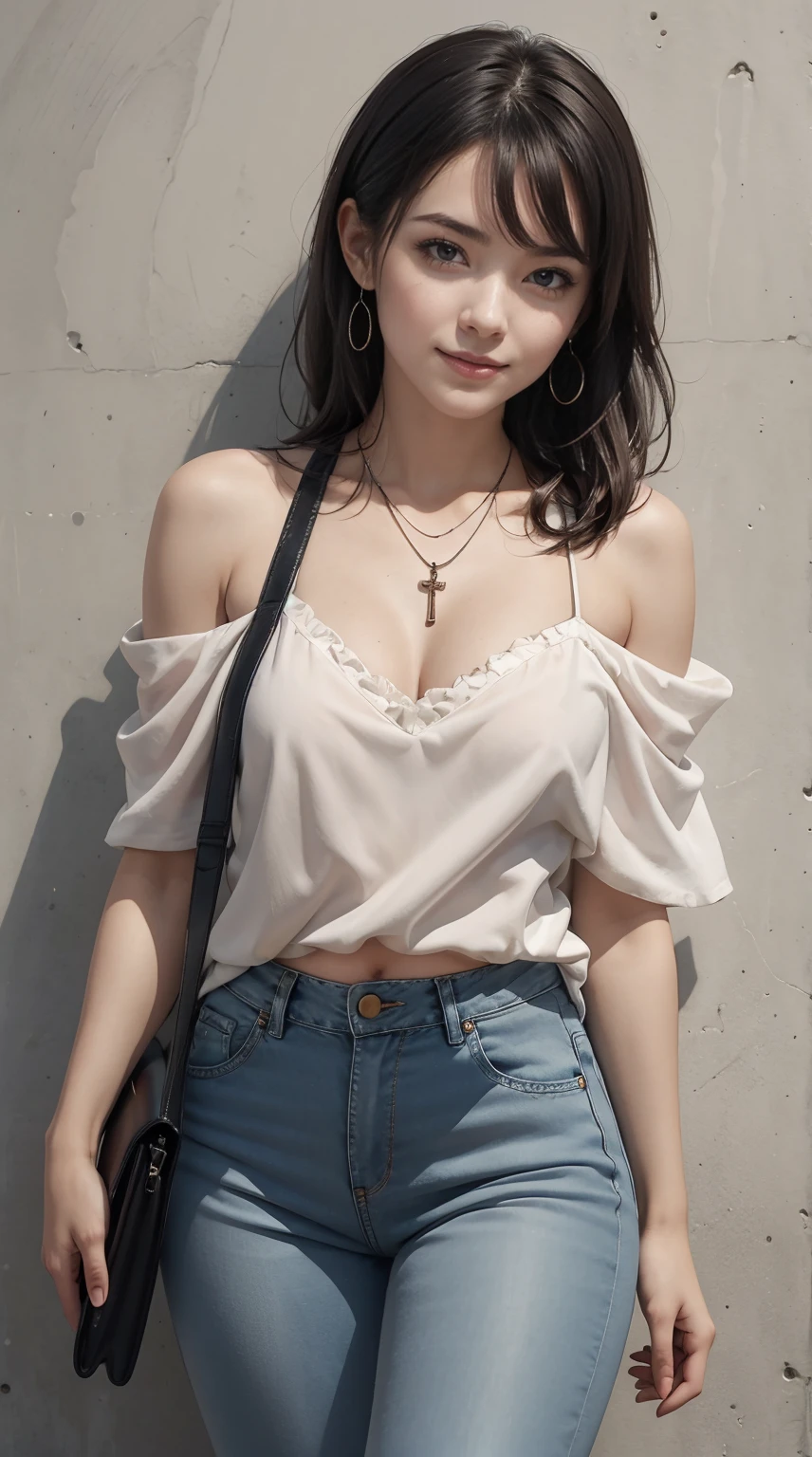 26 year old white woman、Hair is brunette、Eye color is blue、Longhaire、Slender but well-proportioned muscular body、She is wearing a frilly one-shoulder top.、wearing skinny jeans、wearing a rosary necklace、accessories on the wrist、setting hair、a smile、I have a clutch bag、Art is in front of a wall written on it、I&#39;m clearly punching my chest