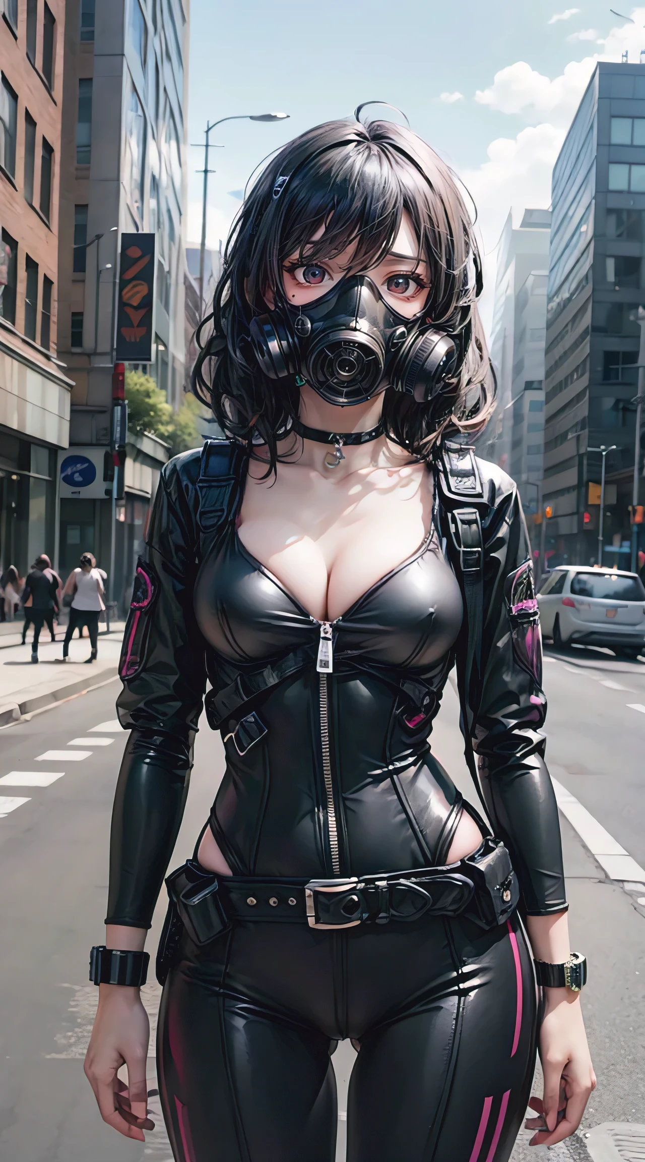 (masterpiece, best quality), futuristic, steelpunk, pastel goth, pastel gas mask, intricate tactical techwear, neon accents, fashionable, stylish, perfect slim fit body, big breasts, asymmetrical bangs, wavy hair, hairband, choker, bracelet, city streets, standing pose, contrapposto, dynamic lighting