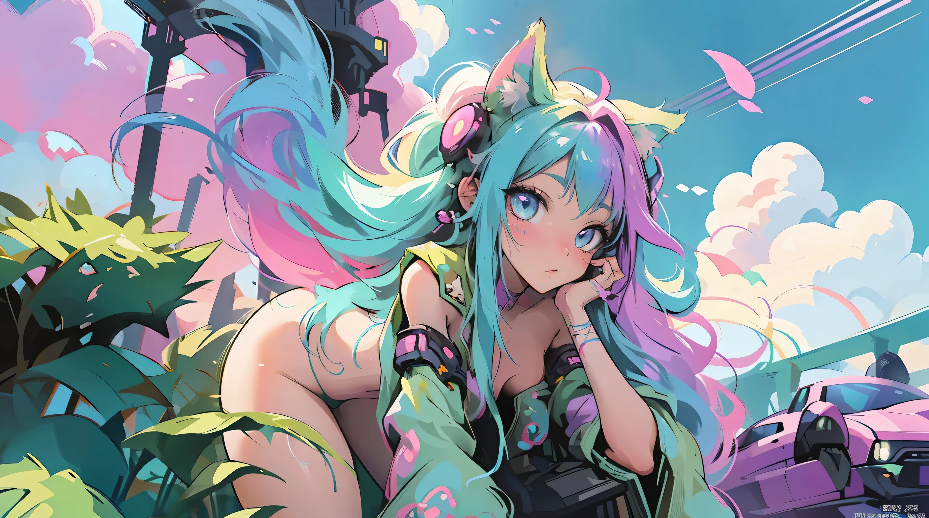 a beautiful female, 2 girls, rainbow color, cat ears, rainbow hair, stylish hair, mechanical wings, fantasy, jungle, nature, wildernes, beach, palmtreas, fruit, lens flare, ancient ruins, closeup, no pants, machine, cars, street, neon signs, planets, no clothes, nudist, neon green hair, space buns, giant tentacles touching, rainbow hair, fractal galaxy sky, busy scene, amazing, with cute face and long hair, cyberpunk city, mega robots, high technology, city, very detailed, no clothes, Ethereal Cyberverse, Extreme abs, Cybernetic Frequential Fusion,nudist,