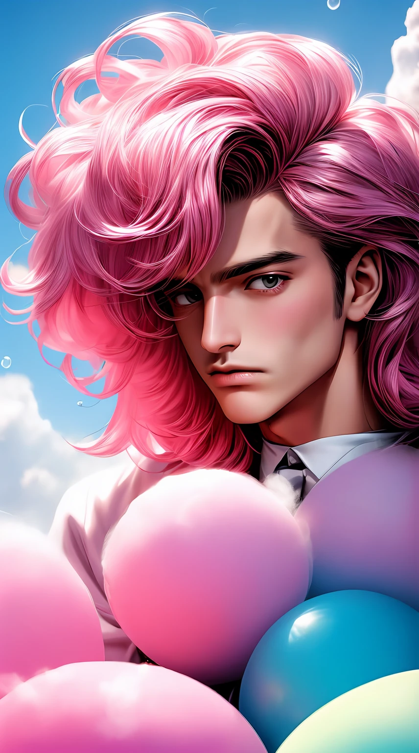 arafed man sitting on a couch with a pink cloud in the background, made of cotton candy, frank moth, sitting in a fluffy cloud, bubblegum face, portrait photo, cotton candy clouds, cotton candy, portrait shot, photo portrait, stable diffusion self portrait, pink angry bubble, bubble gum, bubblegum, pink clouds, by Matthias Weischer, in a cloud