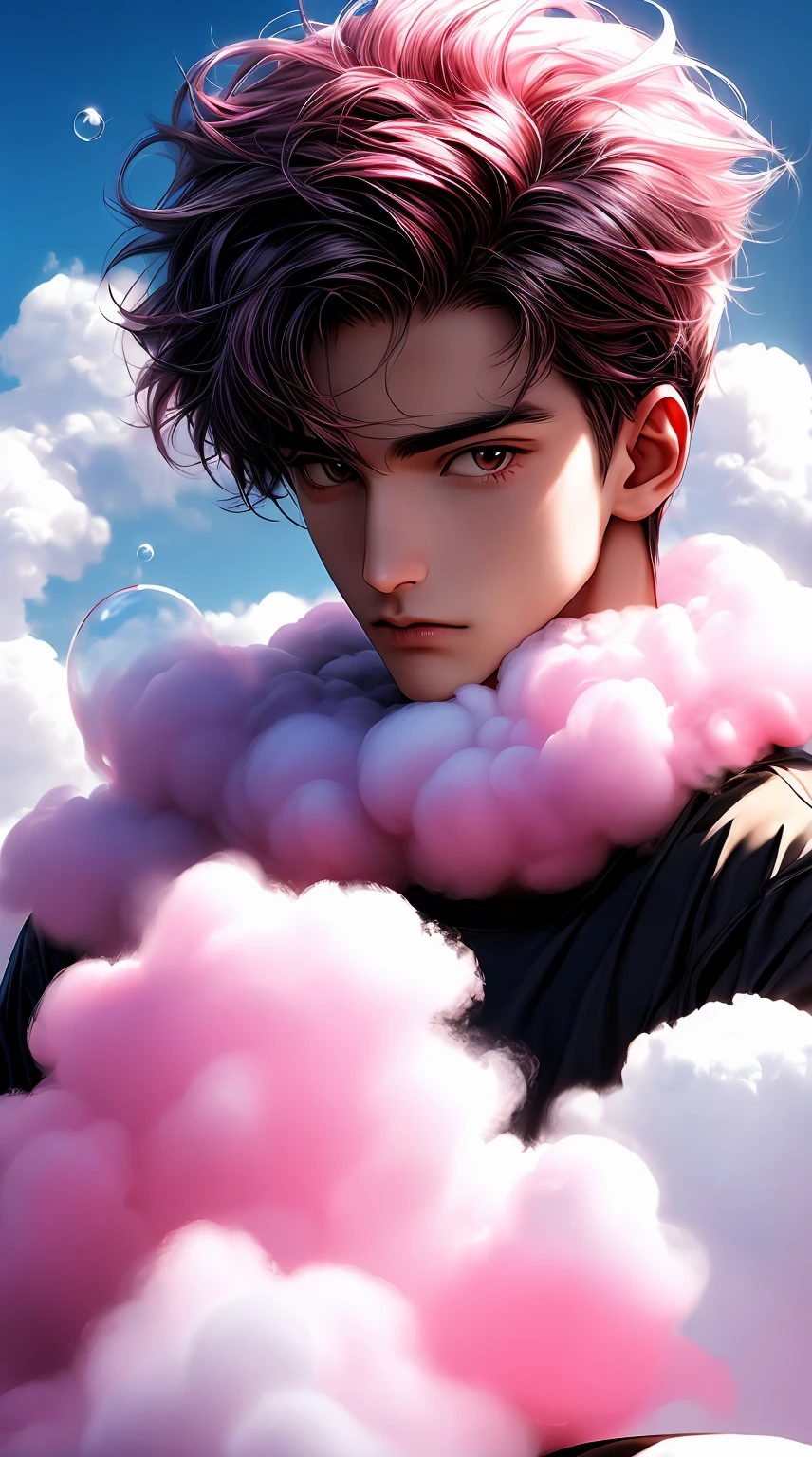 arafed man sitting on a couch with a pink cloud in the background, made of cotton candy, frank moth, sitting in a fluffy cloud, bubblegum face, portrait photo, cotton candy clouds, cotton candy, portrait shot, photo portrait, stable diffusion self portrait, pink angry bubble, bubble gum, bubblegum, pink clouds, by Matthias Weischer, in a cloud