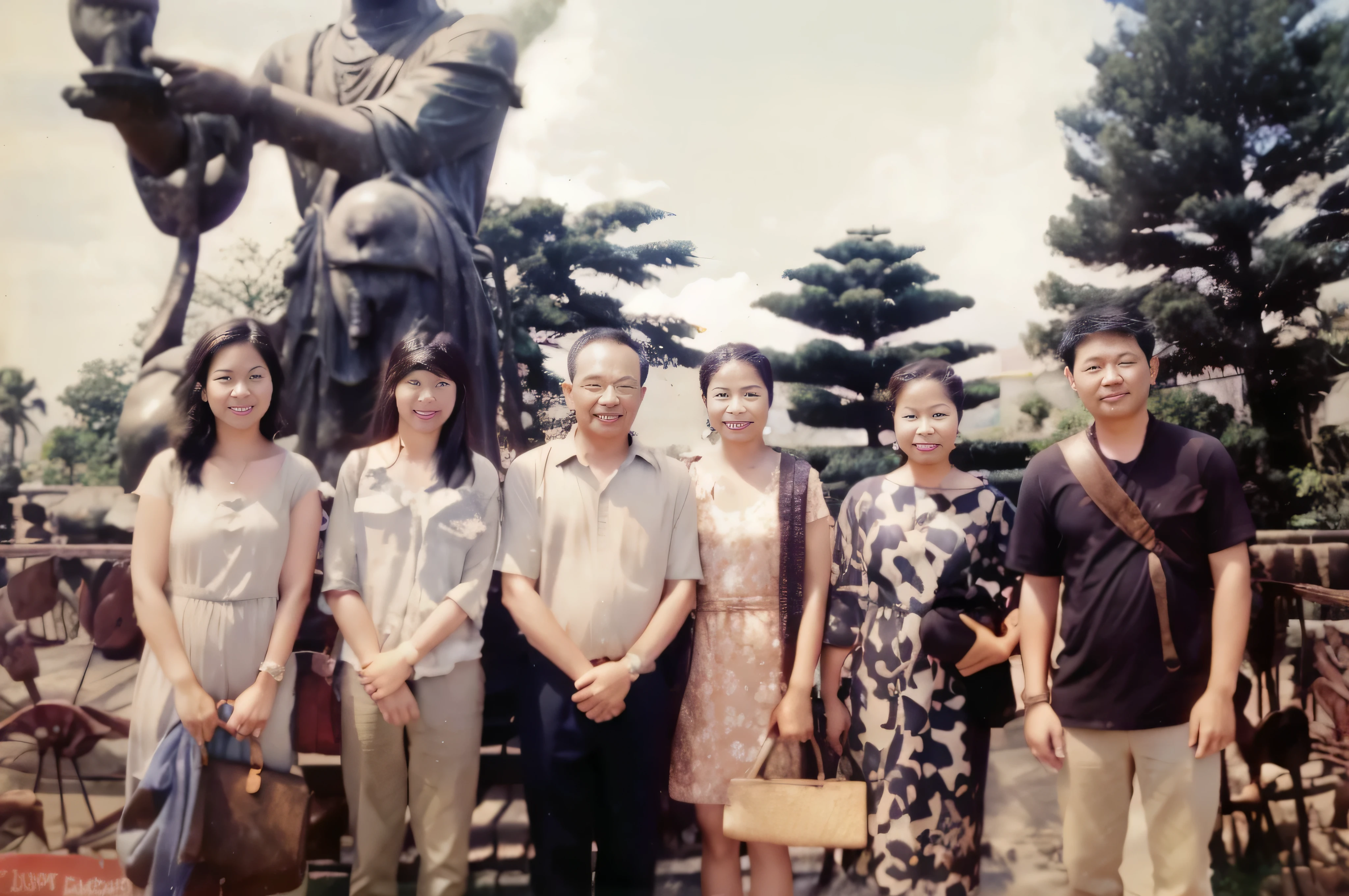 there are many people standing together in front of a statue, hi-res scan, hi - res scan, with dong son bronze artifacts, with many travelers, group photo, family, touring, blurred photo, blog-photo, iphone capture, family photo, stylized photo, barong family, vacation photo, grainy photo, digital photo