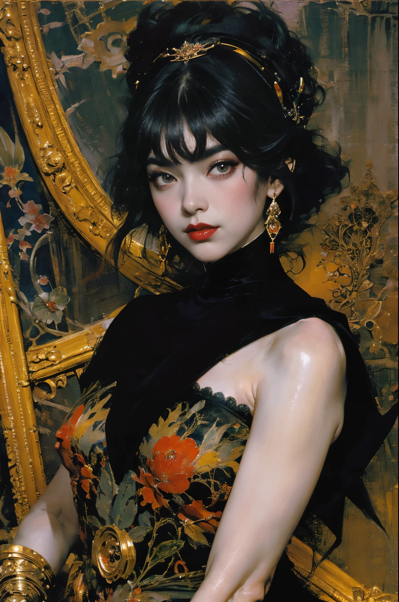 Mono Color,weight,NSFW,Upper body,A nude devil woman with a black and white body stocking dress holding a red lip stick,Satan,succubi,eBlue eyes,Clothes detailed patterns,lacivious pose,spread legitimacy,Detailed Gothic background,dark fantasy background,Inspired by Robert McGinnis, Inspired by Gretel Stern, Takato Yamamoto’s style, Guido Crepax, Guido Crepax-style, Amano, Vanya Zoravlev, inspired by Leonor Fini, Nagao Hidege, Inspired by Takato Yamamoto.Inspired by Klimt and Mucha. beautidful eyes, beautiful detailed lips, Extremely detailed eyes and face, Long eyelash quality:1.2), ultra - detailed, (actual:1.37), oil painted, Color contrast, A high resolution, Black and white dress, red lip stick, Inspired by Robert McGinnis, Inspired by Gretel Stern, Yamamoto Takashi style, Guido Crepax style, Amano-inspired, Vanya Zoravlev-inspired, Leonor Fini&#39;of inspiration, Nagao Hidege-inspired, Inspired by Takato Yamamoto, vibrant with colors, dramatic lights, eye-catching composition, fun atmosphere, Feminine elegance.fege oil corp.，painting of a，Impresionismo