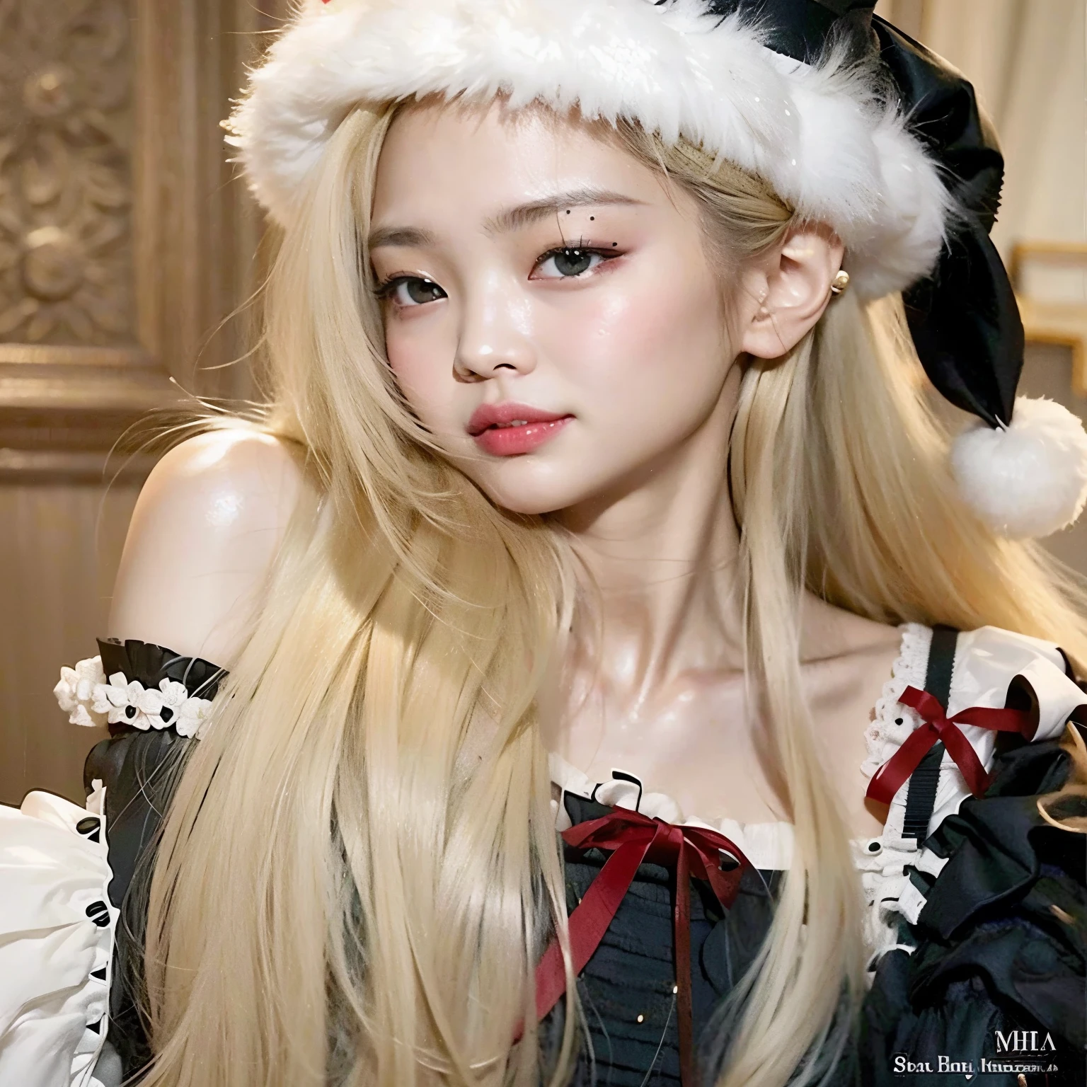 Blonde-haired girl with Santa hat posing for a photo, con pelo largo blanco, Lalisa Manobal, Cabello largo y blanco y flequillo, Peinado blanco de corte hime, con el pelo largo y blanco, ulzzang, con cabello largo y rubio, Cabello largo y rubio y ojos grandes, Cabello largo y rubio y ojos grandes, Chica perfecta de pelo blanco, El Corte Hime, Sakimichan, Jennie de Blackpink, Blackpink Jennie, estrella del kpop Kim Jennie, Idol Jennie de Blackpink*