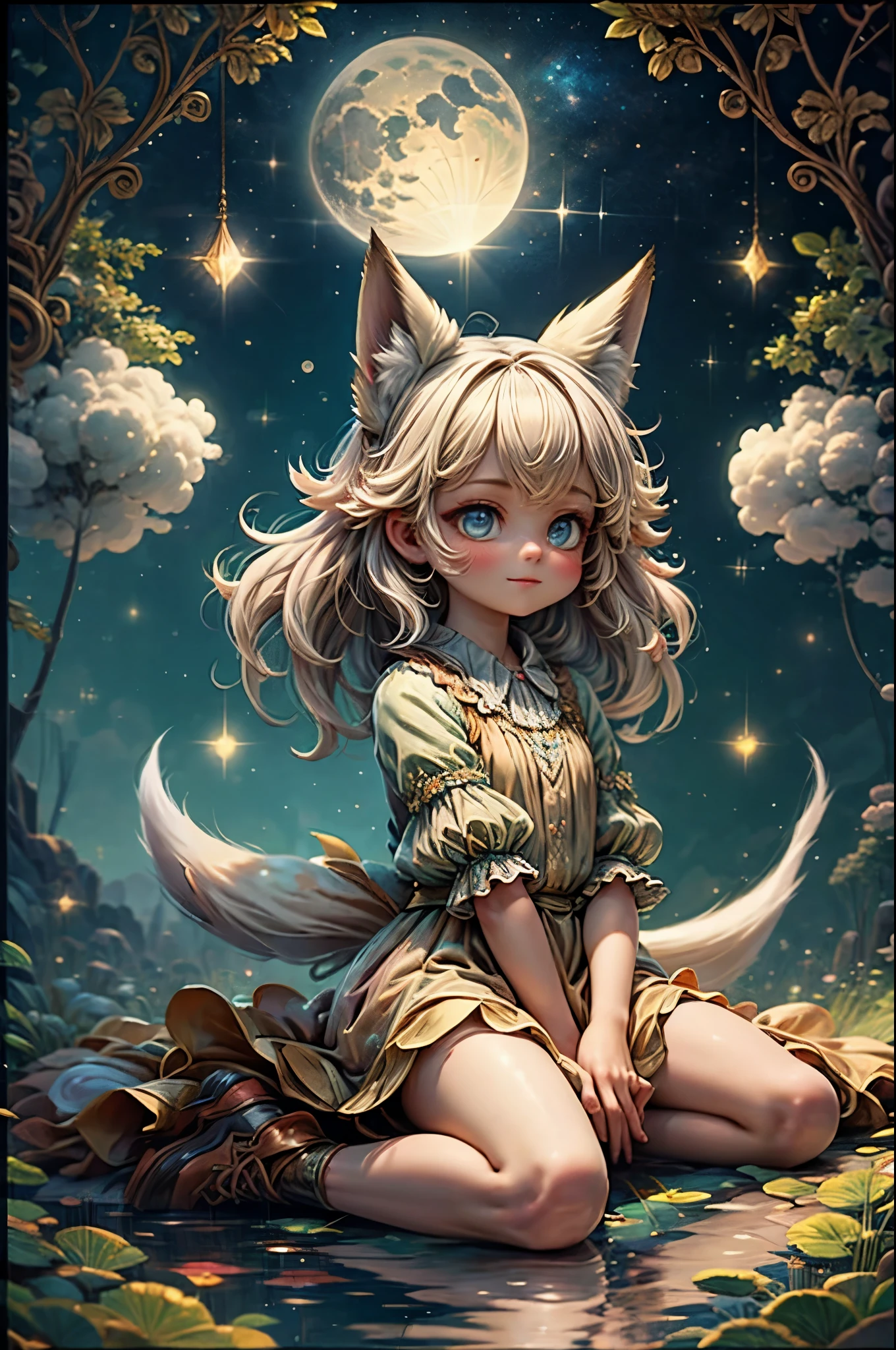 The Fox Godess, Beautyful Girl, Silk,Clouds,Fox Tail, Mikko Outfit, Forest,Pond,( bokeh );sitting moon