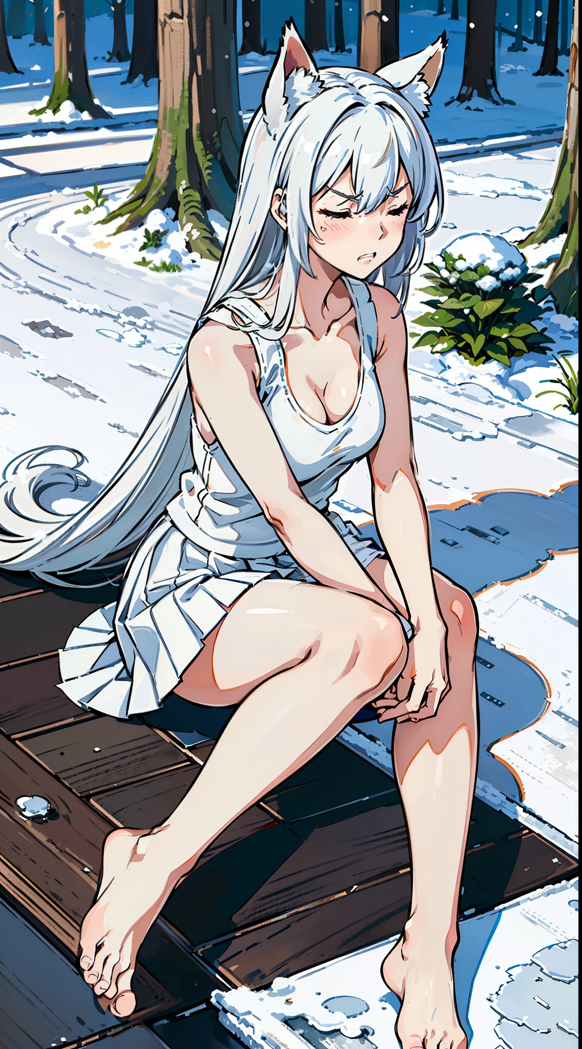 1girl,solo,medium breasts,mature female,((white sleeveless and shoulderless t-shirt,cleavage)),(((white pleated skirt,bare feet))),silver hair,long hair,closed eyes,fox ears,((sitting in floor,snow,in forest,fetal position)),(((looking away,angry))),crossed arms