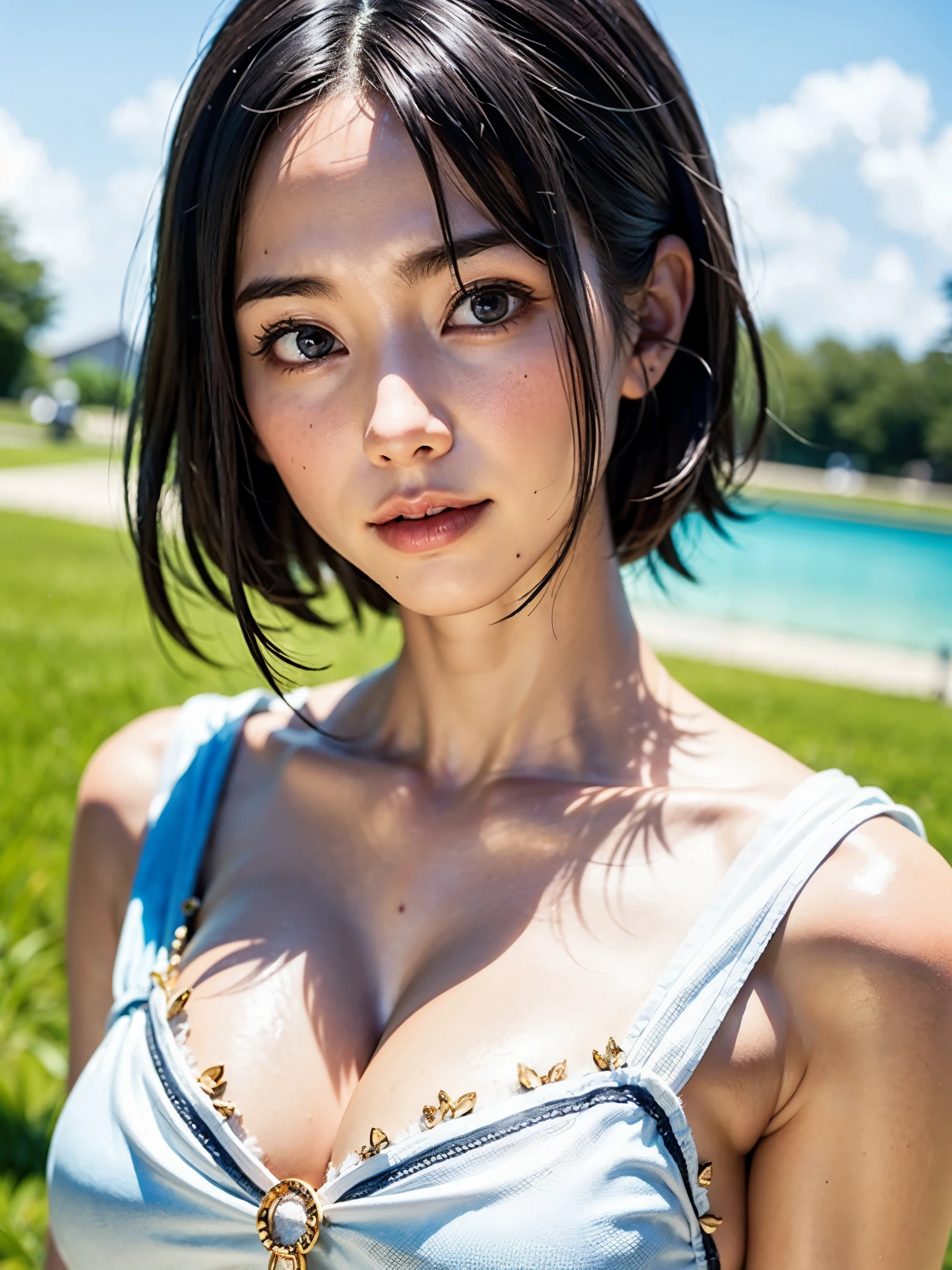 1人、top-quality、realisitic、report、depth of fields、natural soft light、during daytime、魅惑的、beauitful face、Cleanliness、Pure face、de pele branca、cute hawk hair、bangss、the beach、rays of sunshine、Nedium Breast Body Esbian、((Beautiful face with sweater golden ratio Beautiful face with symmetry))、long neck、Put your ears out、bangssのあるきれいな短いボブヘア、Smile with your mouth closed:1.4、Smile with your mouth closed:1.4、perfect hand指、perfect hand、Perfect body、face perfect、Shine a light into the eyes、Perfect Anatomy:1.4、very cute super model:1.4